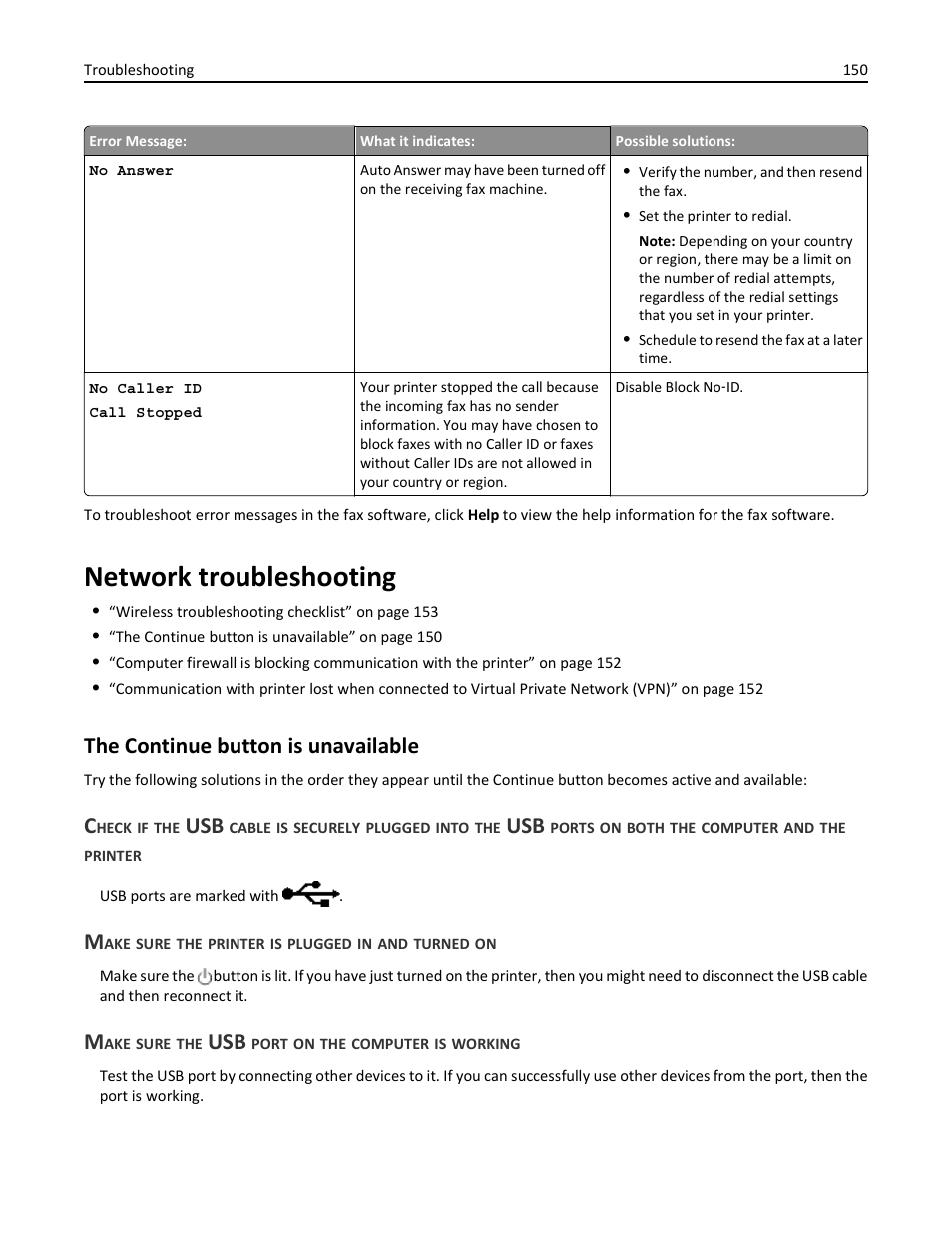 Network troubleshooting, The continue button is unavailable, Make sure the printer is plugged in and turned on | Make sure the usb port on the computer is working | Dell V525w All In One Wireless Inkjet Printer User Manual | Page 150 / 177