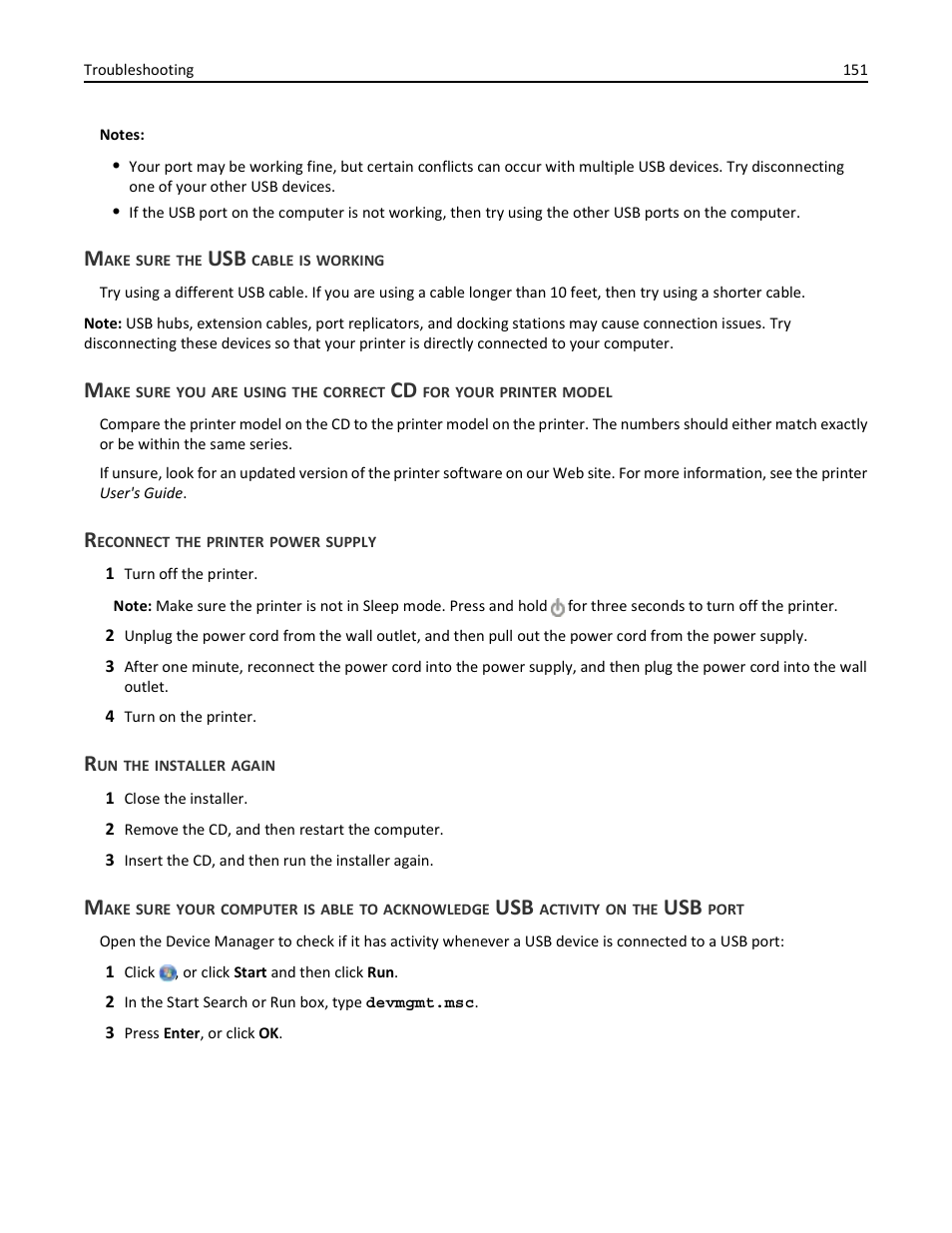 Make sure the usb cable is working, Reconnect the printer power supply, Run the installer again | Dell V525w All In One Wireless Inkjet Printer User Manual | Page 151 / 177