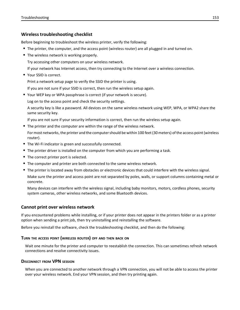 Wireless troubleshooting checklist, Cannot print over wireless network | Dell V525w All In One Wireless Inkjet Printer User Manual | Page 153 / 177