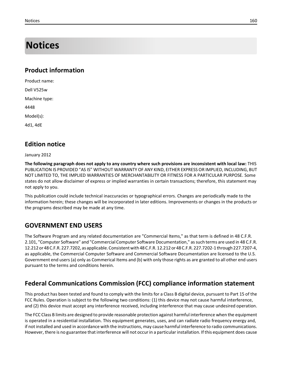 Notices, Product information, Edition notice | Government end users | Dell V525w All In One Wireless Inkjet Printer User Manual | Page 160 / 177