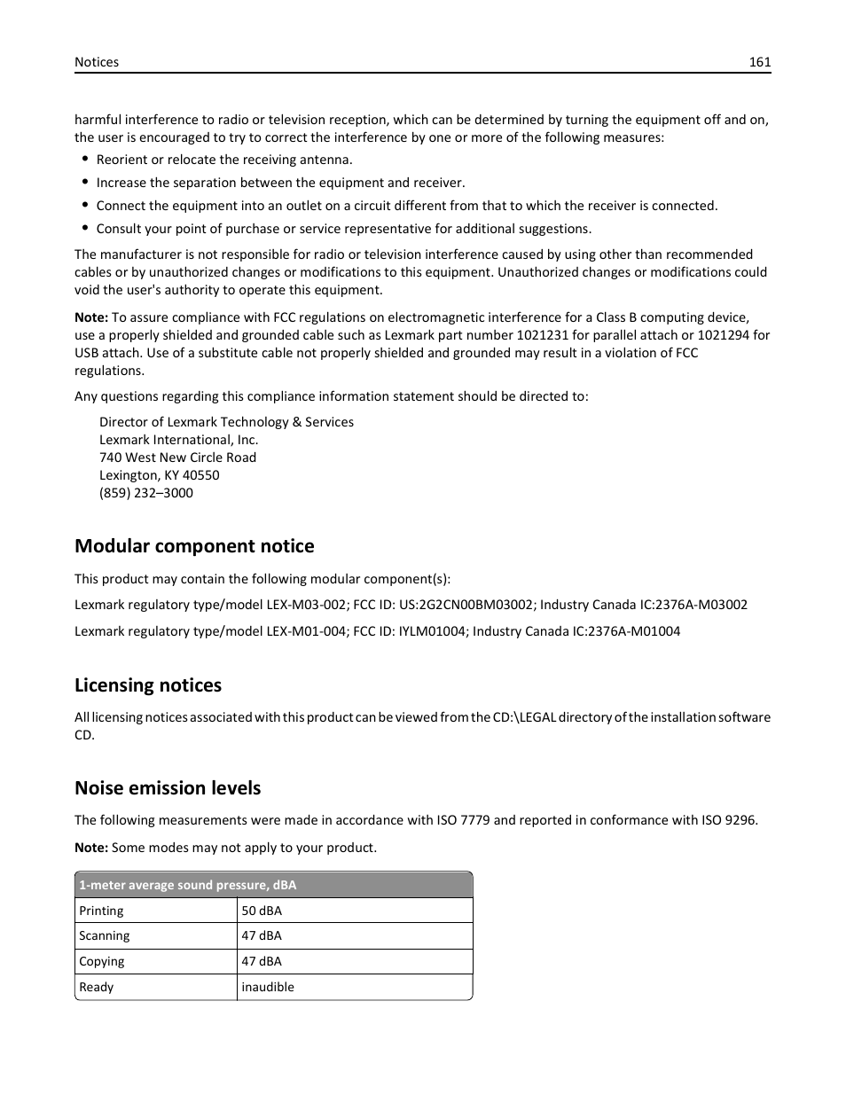 Modular component notice, Licensing notices, Noise emission levels | Dell V525w All In One Wireless Inkjet Printer User Manual | Page 161 / 177