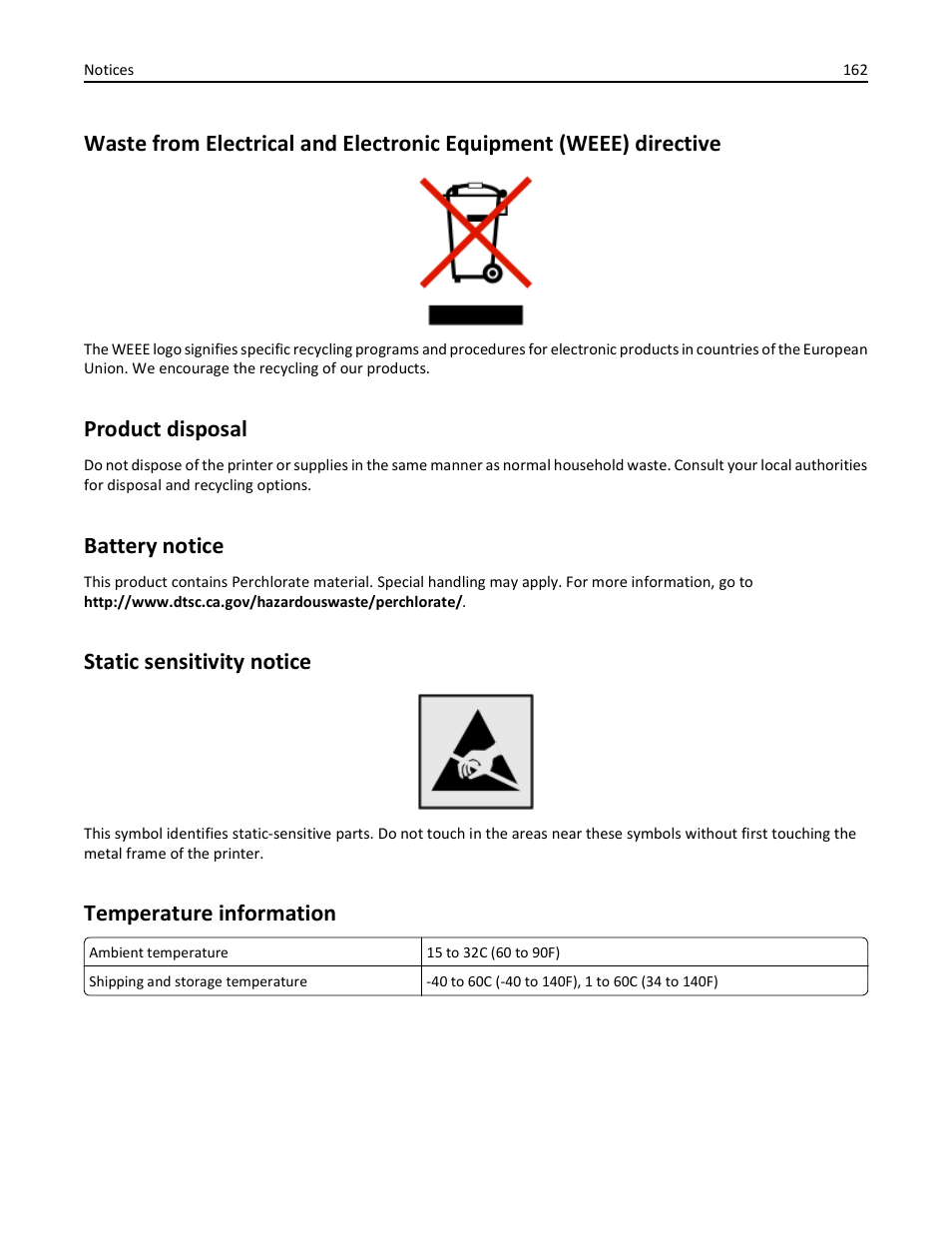 Product disposal, Battery notice, Static sensitivity notice | Temperature information | Dell V525w All In One Wireless Inkjet Printer User Manual | Page 162 / 177