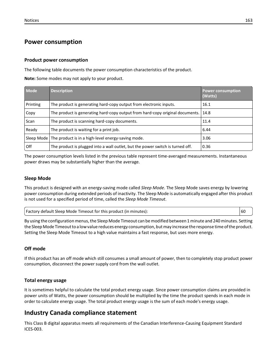 Power consumption, Product power consumption, Sleep mode | Off mode, Total energy usage, Industry canada compliance statement | Dell V525w All In One Wireless Inkjet Printer User Manual | Page 163 / 177