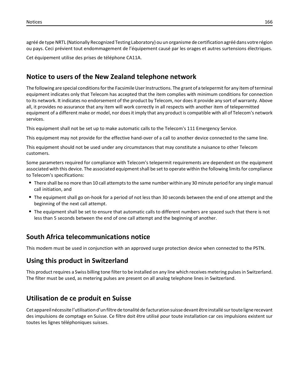 South africa telecommunications notice, Using this product in switzerland, Utilisation de ce produit en suisse | Dell V525w All In One Wireless Inkjet Printer User Manual | Page 166 / 177