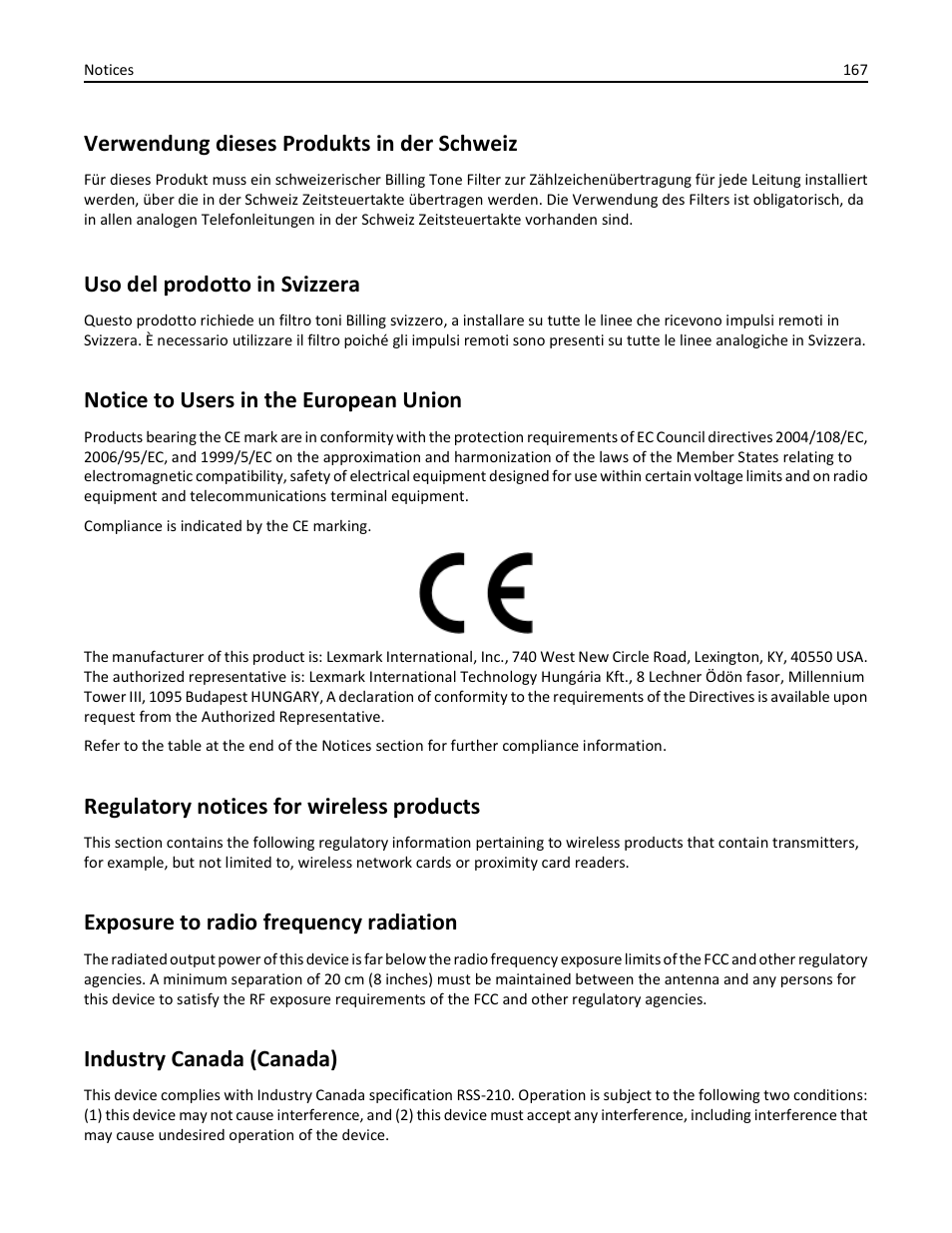 Notice to users in the european union, Regulatory notices for wireless products, Exposure to radio frequency radiation | Industry canada (canada), Verwendung dieses produkts in der schweiz, Uso del prodotto in svizzera | Dell V525w All In One Wireless Inkjet Printer User Manual | Page 167 / 177