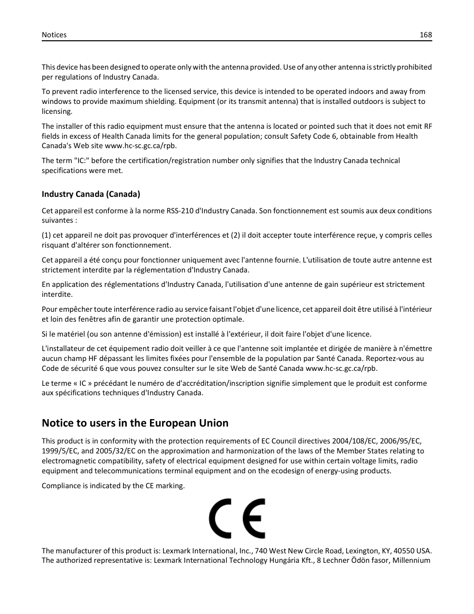 Notice to users in the european union | Dell V525w All In One Wireless Inkjet Printer User Manual | Page 168 / 177