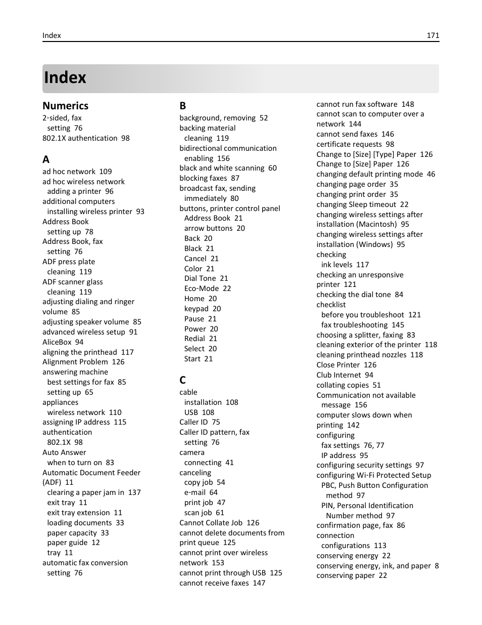 Index, Numerics | Dell V525w All In One Wireless Inkjet Printer User Manual | Page 171 / 177