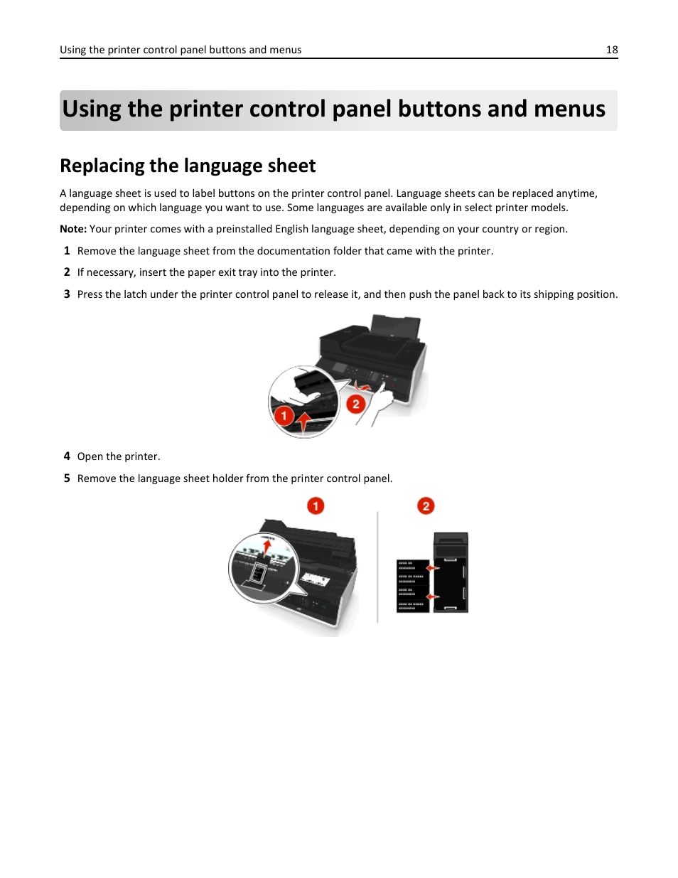 Using the printer control panel buttons and menus, Replacing the language sheet | Dell V525w All In One Wireless Inkjet Printer User Manual | Page 18 / 177