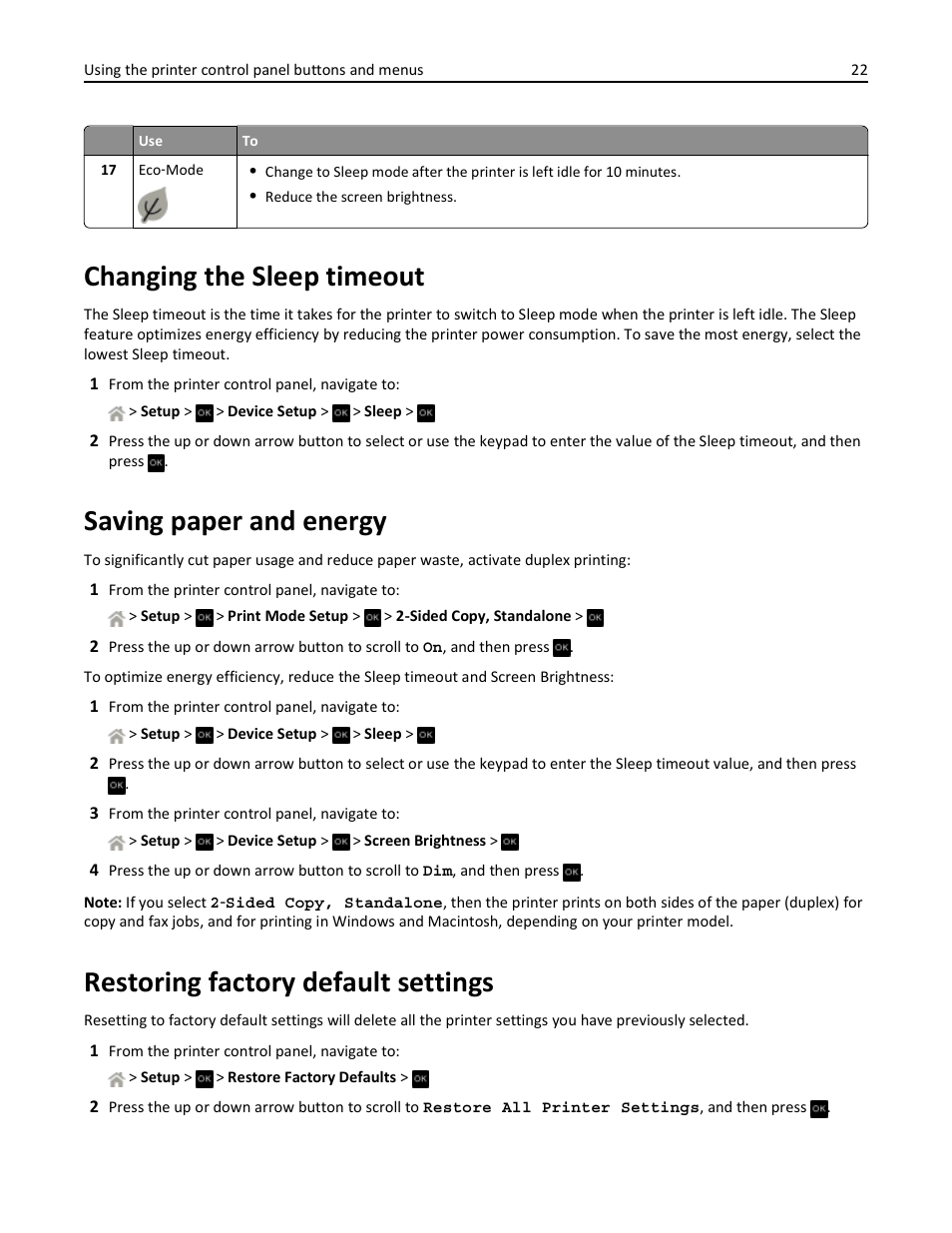 Changing the sleep timeout, Saving paper and energy, Restoring factory default settings | Dell V525w All In One Wireless Inkjet Printer User Manual | Page 22 / 177