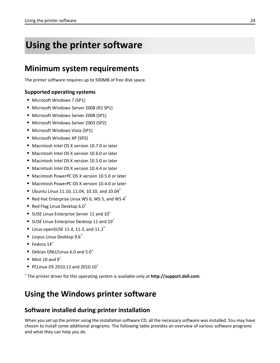 Using the printer software, Minimum system requirements, Using the windows printer software | Software installed during printer installation | Dell V525w All In One Wireless Inkjet Printer User Manual | Page 24 / 177