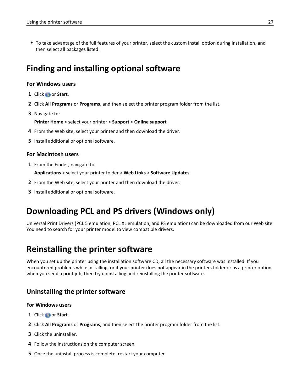 Finding and installing optional software, Downloading pcl and ps drivers (windows only), Reinstalling the printer software | Uninstalling the printer software | Dell V525w All In One Wireless Inkjet Printer User Manual | Page 27 / 177