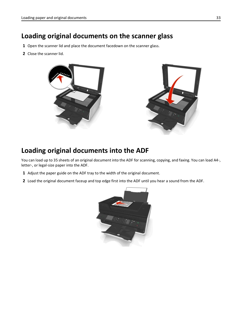 Loading original documents on the scanner glass, Loading original documents into the adf | Dell V525w All In One Wireless Inkjet Printer User Manual | Page 33 / 177