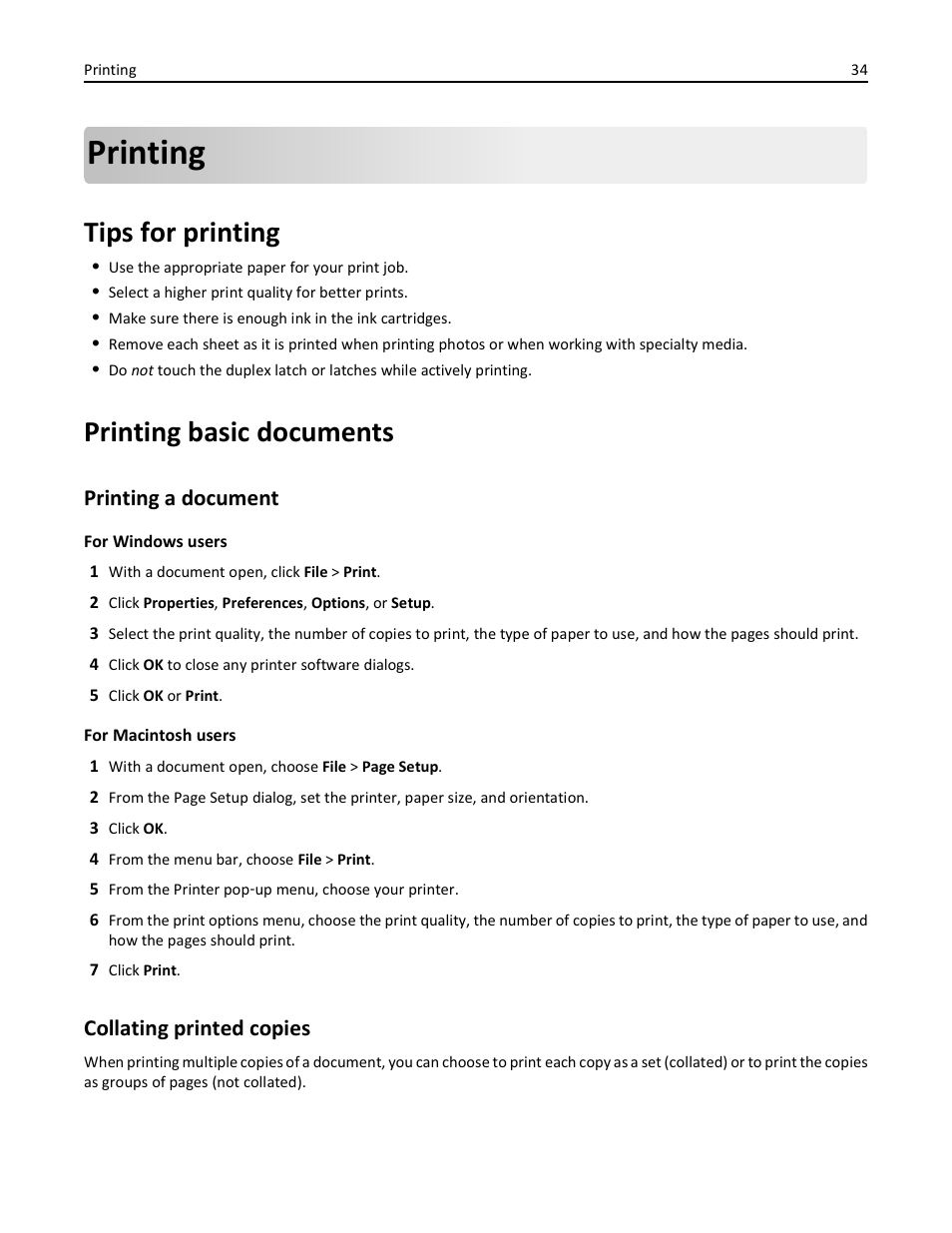 Printing, Tips for printing, Printing basic documents | Printing a document, Collating printed copies | Dell V525w All In One Wireless Inkjet Printer User Manual | Page 34 / 177