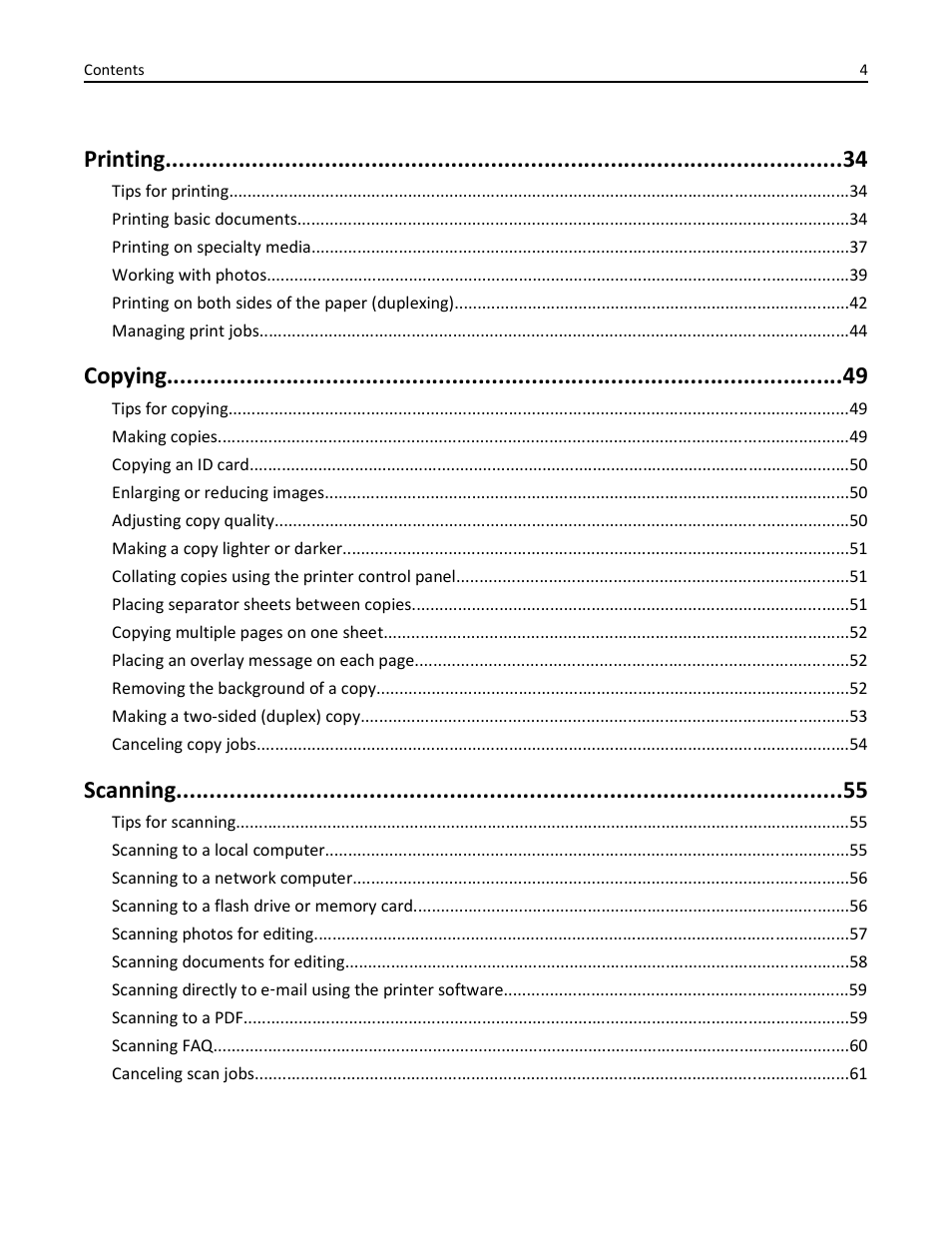 Printing, Copying, Scanning | Dell V525w All In One Wireless Inkjet Printer User Manual | Page 4 / 177