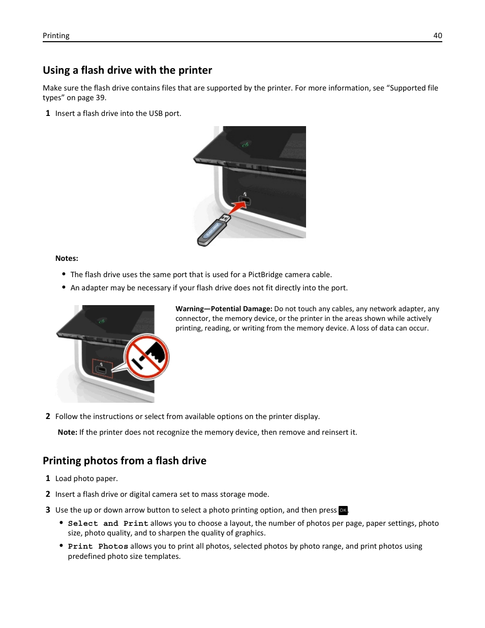 Using a flash drive with the printer, Printing photos from a flash drive | Dell V525w All In One Wireless Inkjet Printer User Manual | Page 40 / 177