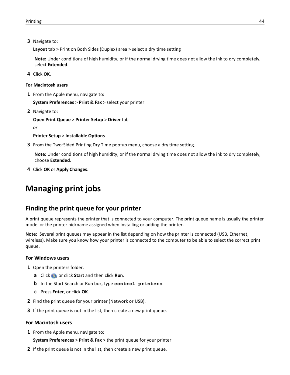 Managing print jobs, Finding the print queue for your printer | Dell V525w All In One Wireless Inkjet Printer User Manual | Page 44 / 177