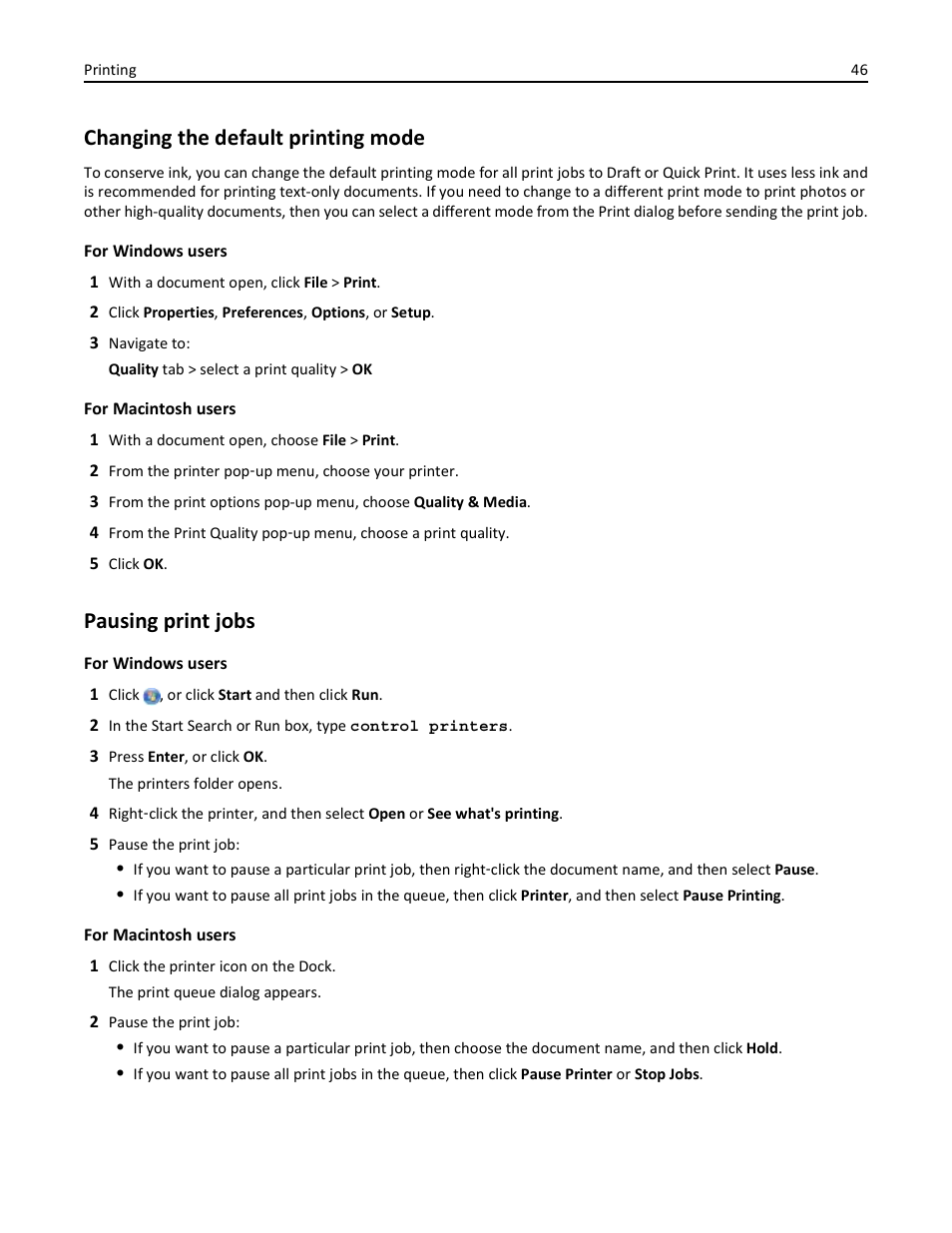 Changing the default printing mode, Pausing print jobs | Dell V525w All In One Wireless Inkjet Printer User Manual | Page 46 / 177