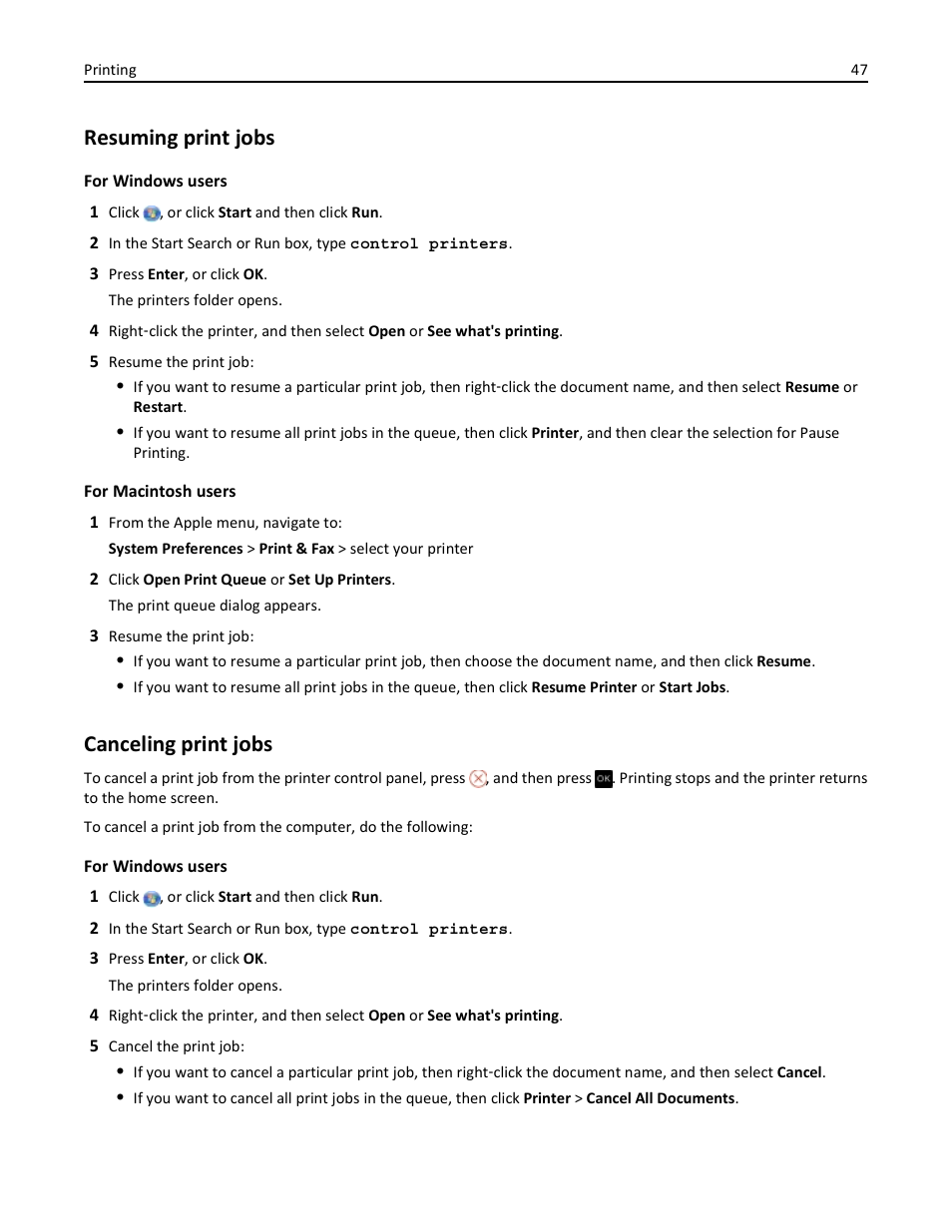 Resuming print jobs, Canceling print jobs | Dell V525w All In One Wireless Inkjet Printer User Manual | Page 47 / 177