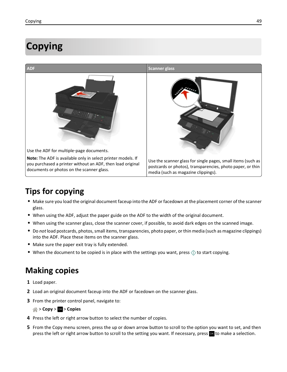 Copying, Tips for copying, Making copies | Dell V525w All In One Wireless Inkjet Printer User Manual | Page 49 / 177