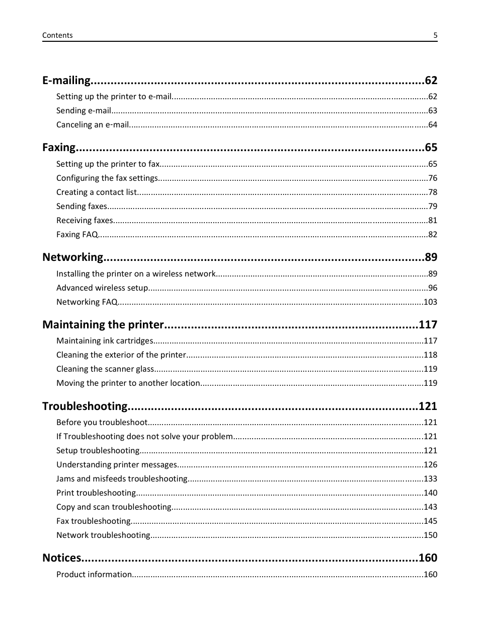 E-mailing, Faxing, Networking | Maintaining the printer, Troubleshooting, Notices | Dell V525w All In One Wireless Inkjet Printer User Manual | Page 5 / 177