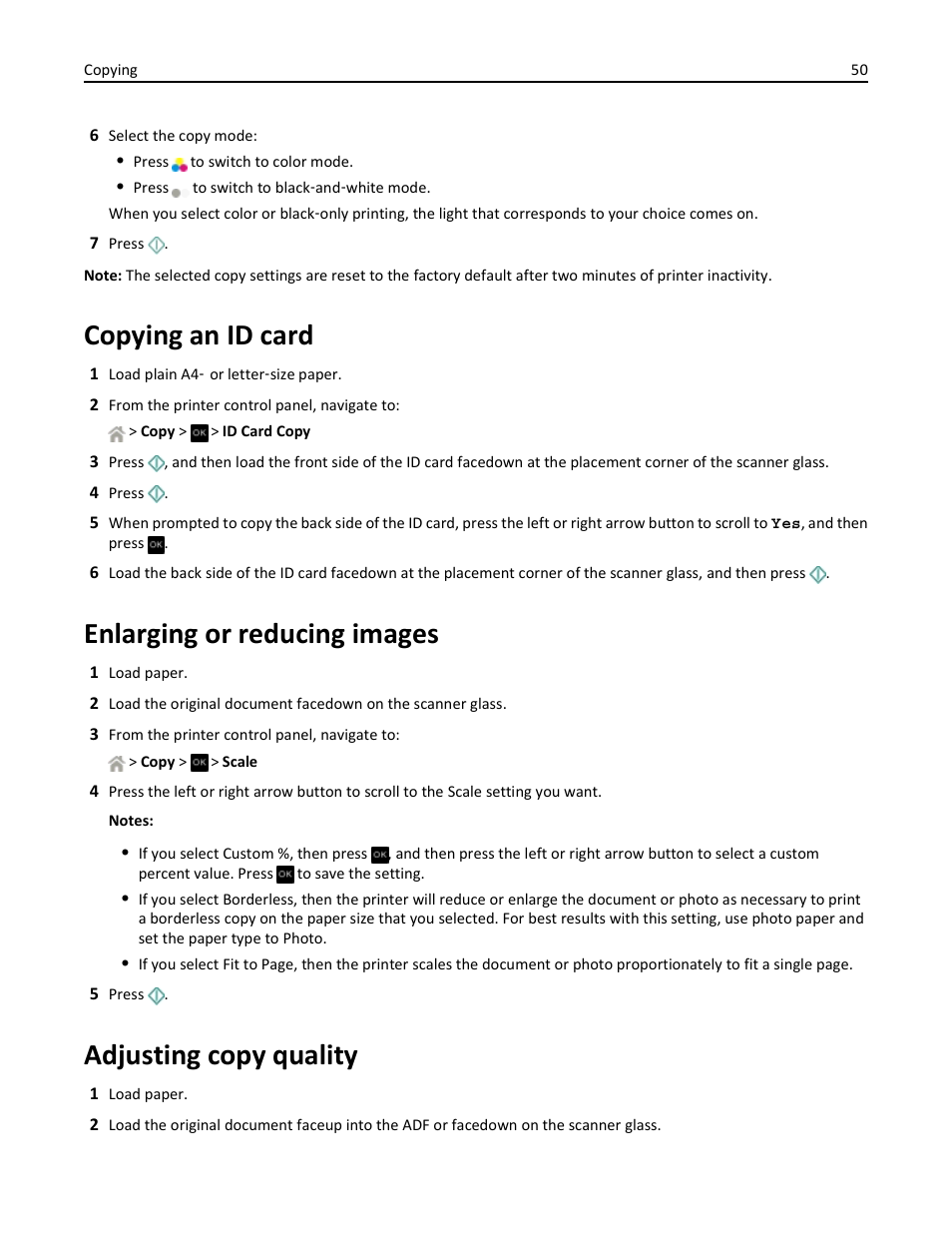 Copying an id card, Enlarging or reducing images, Adjusting copy quality | Dell V525w All In One Wireless Inkjet Printer User Manual | Page 50 / 177