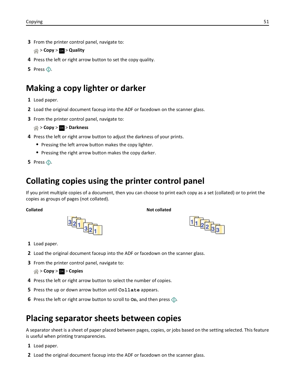 Making a copy lighter or darker, Collating copies using the printer control panel, Placing separator sheets between copies | Dell V525w All In One Wireless Inkjet Printer User Manual | Page 51 / 177