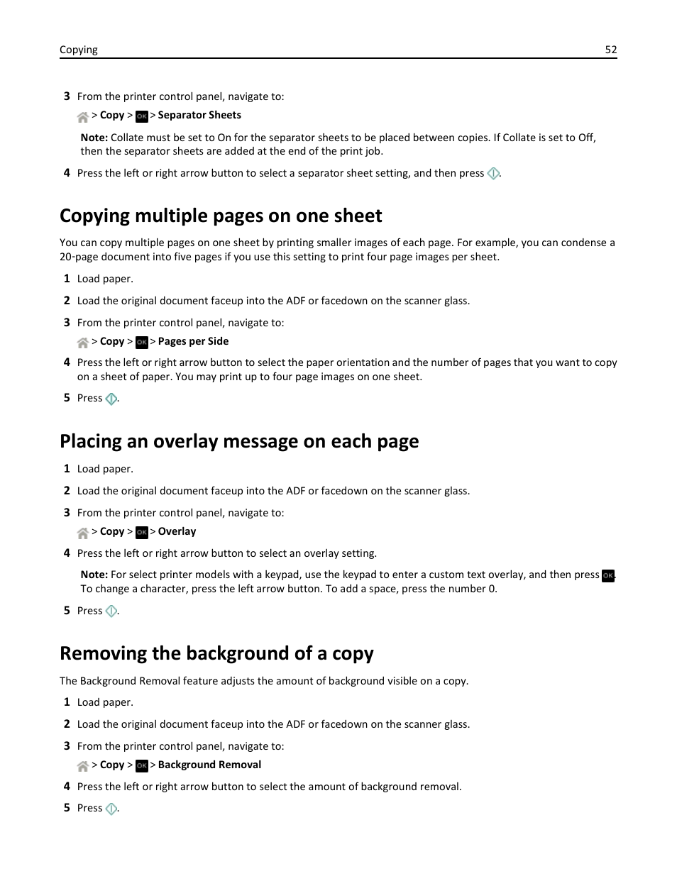 Removing the background of a copy, Copying multiple pages on one sheet, Placing an overlay message on each page | Dell V525w All In One Wireless Inkjet Printer User Manual | Page 52 / 177