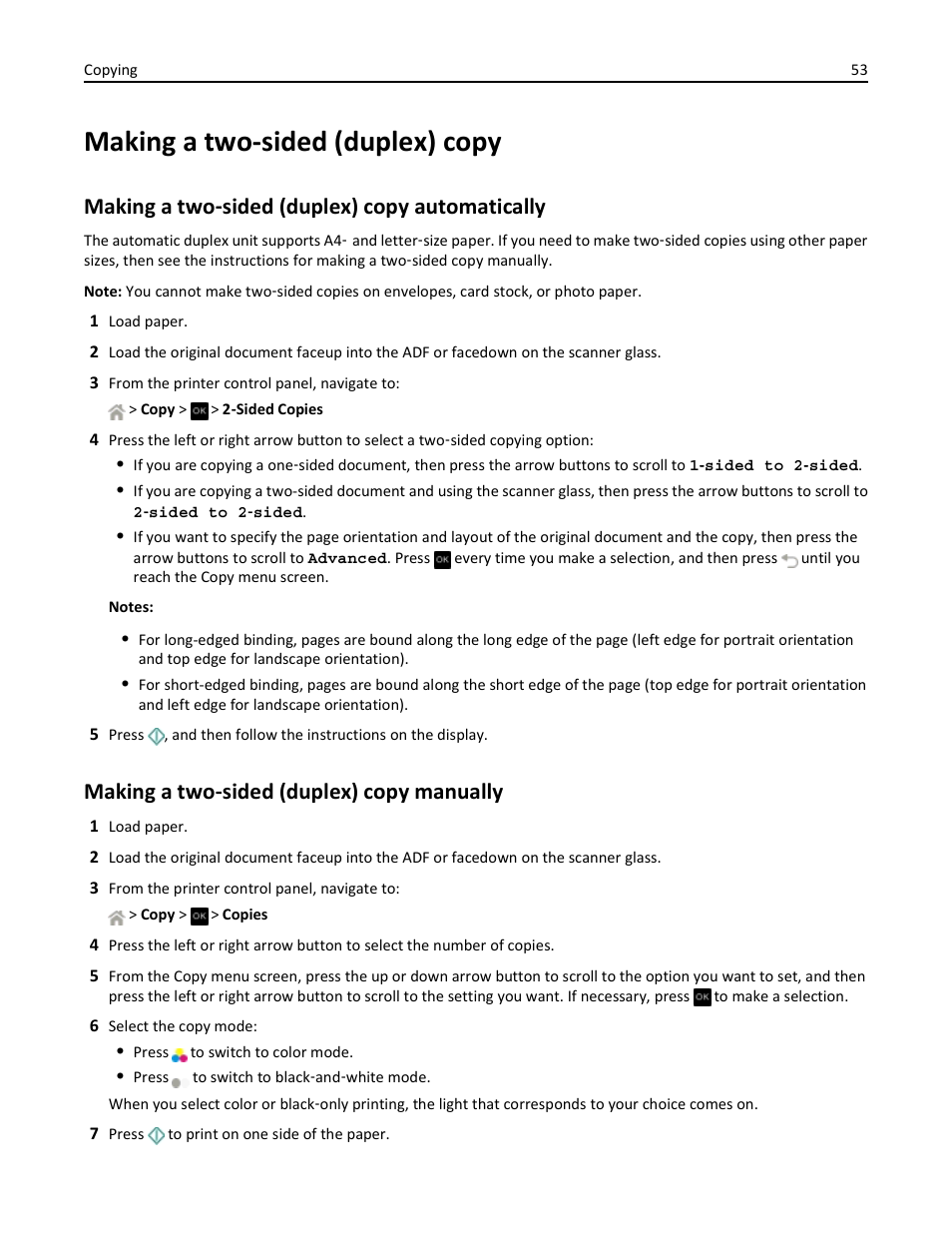 Making a two-sided (duplex) copy, Making a two-sided (duplex) copy automatically, Making a two-sided (duplex) copy manually | Making a two ‑ sided (duplex) copy automatically, Making a two ‑ sided (duplex) copy manually | Dell V525w All In One Wireless Inkjet Printer User Manual | Page 53 / 177