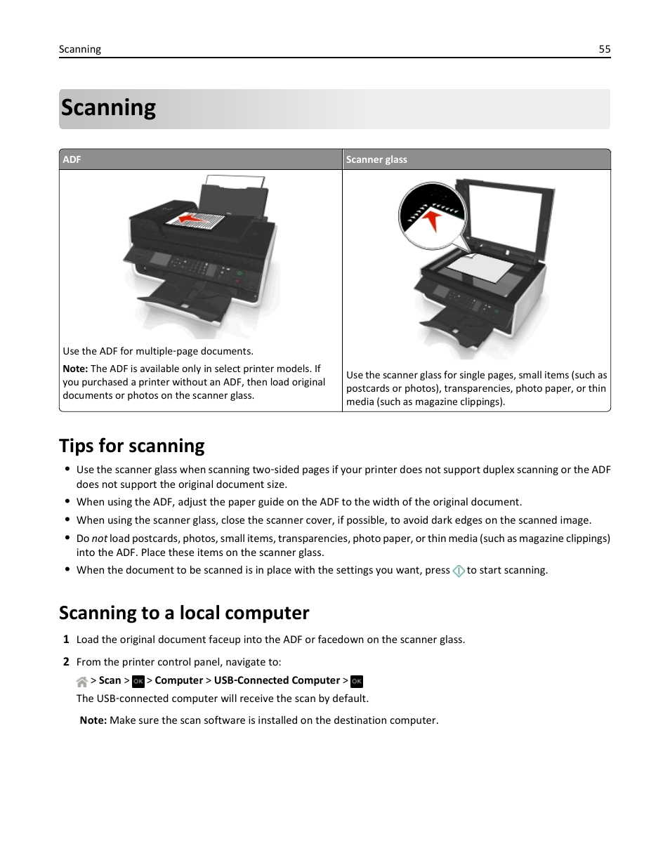 Scanning, Tips for scanning, Scanning to a local computer | Dell V525w All In One Wireless Inkjet Printer User Manual | Page 55 / 177