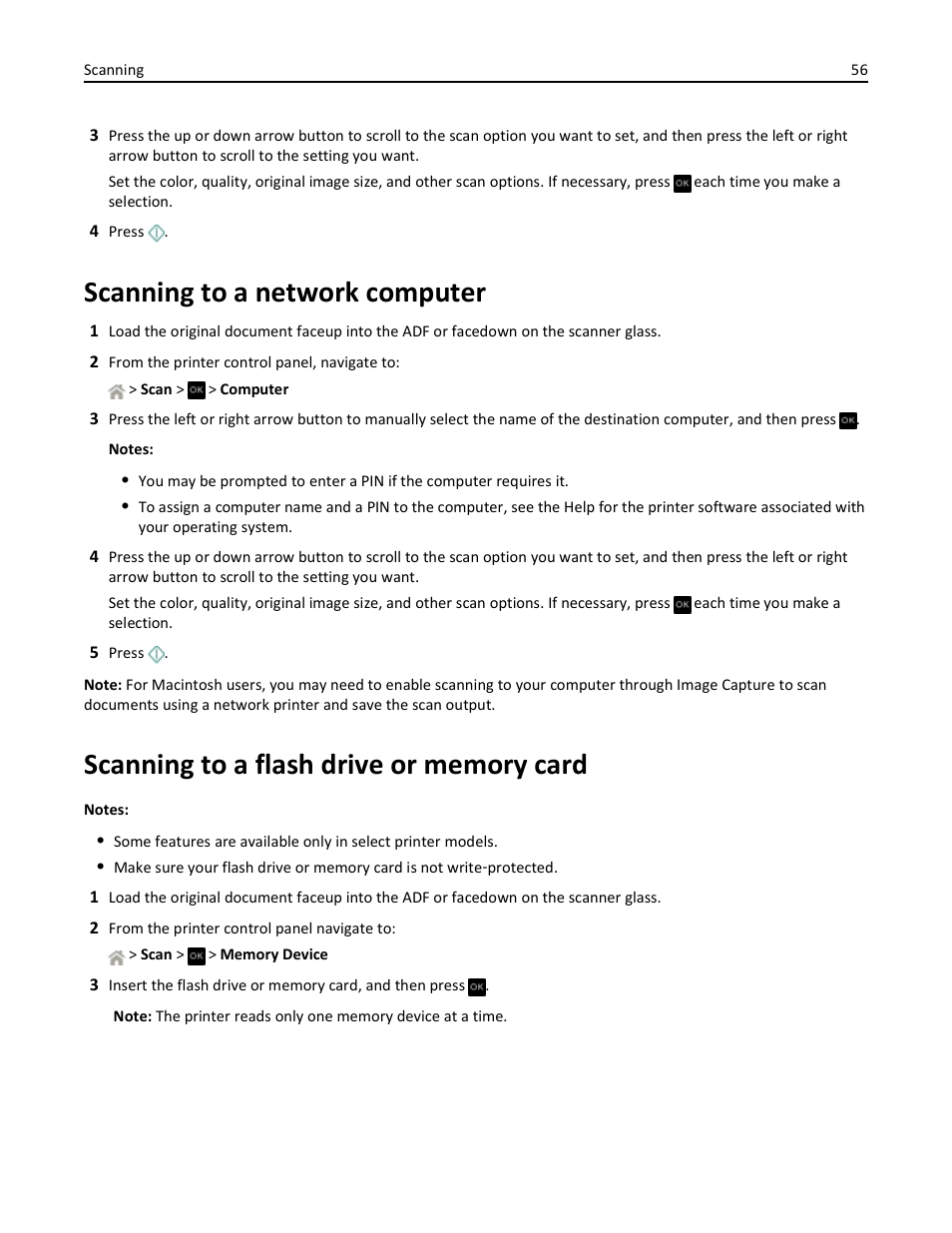 Scanning to a network computer, Scanning to a flash drive or memory card | Dell V525w All In One Wireless Inkjet Printer User Manual | Page 56 / 177