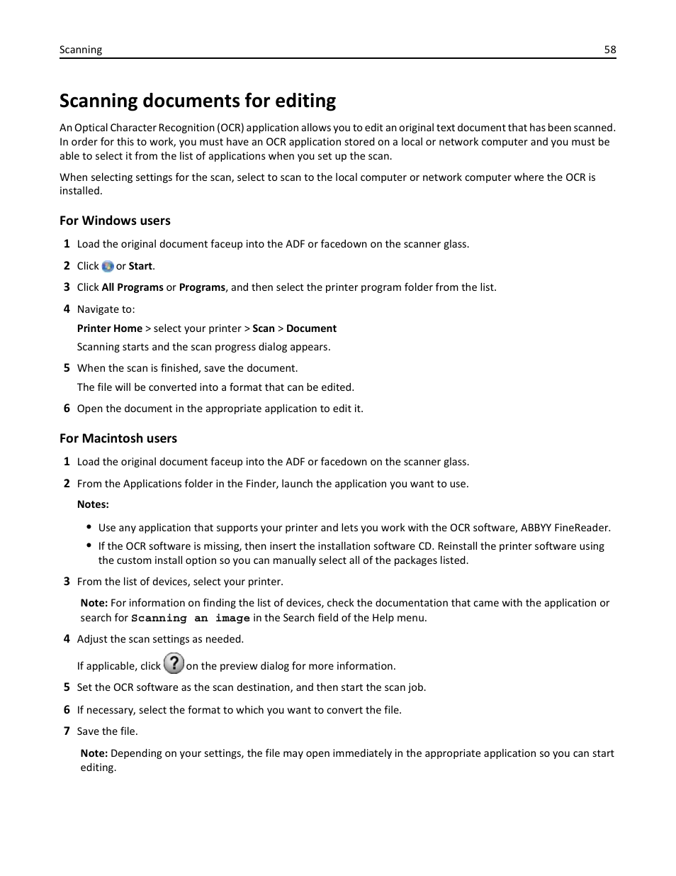 Scanning documents for editing | Dell V525w All In One Wireless Inkjet Printer User Manual | Page 58 / 177