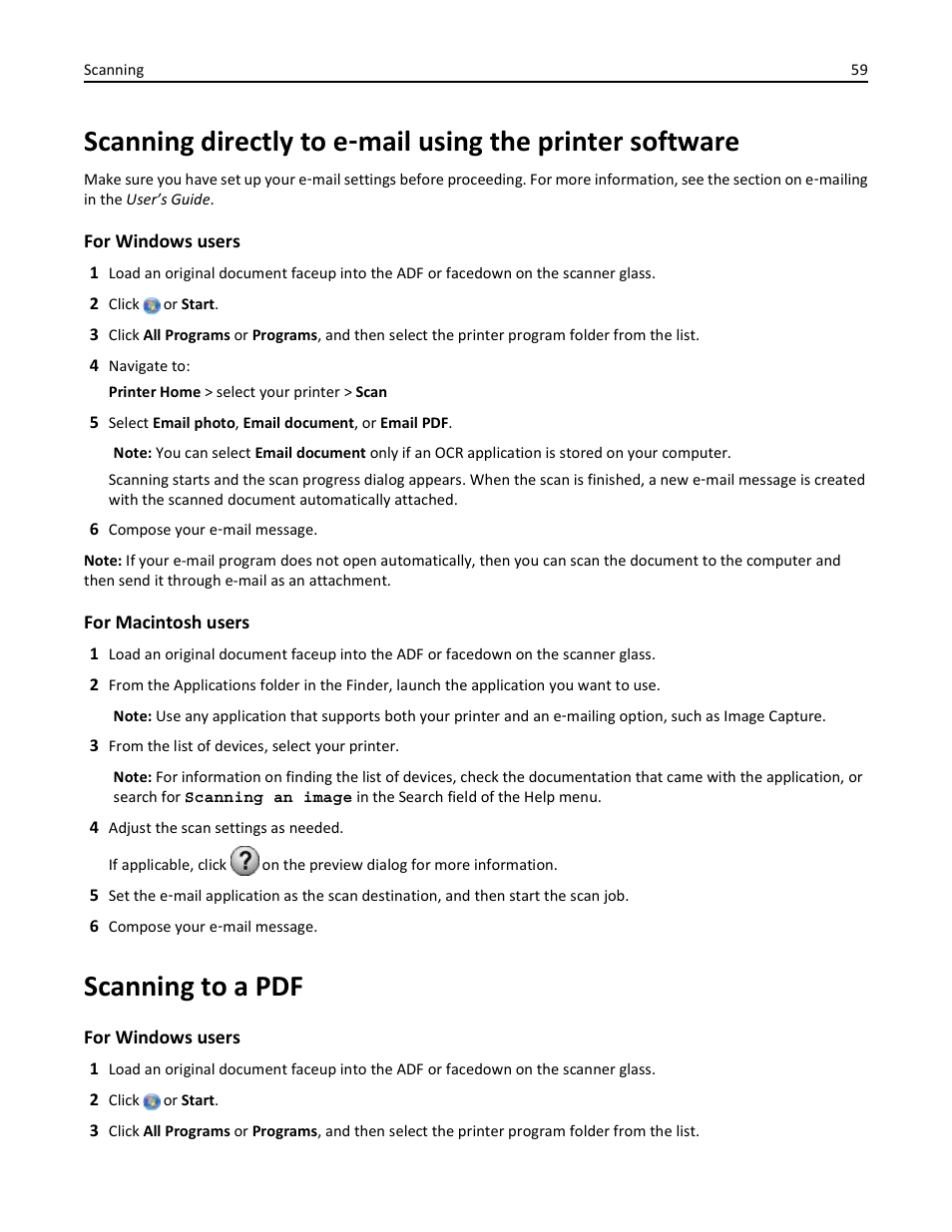 Scanning to a pdf, Scanning directly to e, Mail using the printer software | Dell V525w All In One Wireless Inkjet Printer User Manual | Page 59 / 177