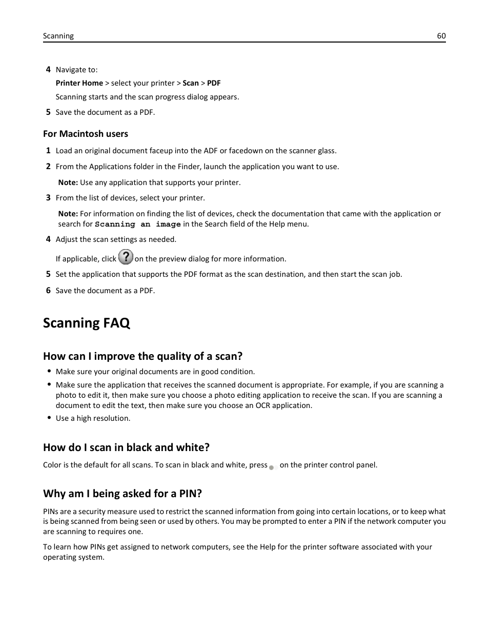 Scanning faq, How can i improve the quality of a scan, How do i scan in black and white | Why am i being asked for a pin | Dell V525w All In One Wireless Inkjet Printer User Manual | Page 60 / 177