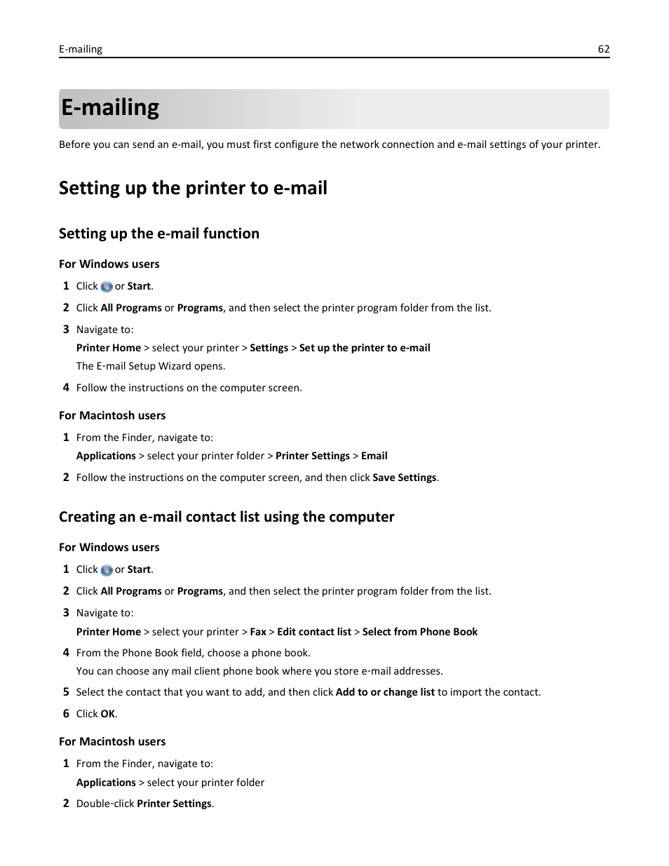 E-mailing, Setting up the printer to e-mail, Setting up the e-mail function | Creating an e-mail contact list using the computer | Dell V525w All In One Wireless Inkjet Printer User Manual | Page 62 / 177