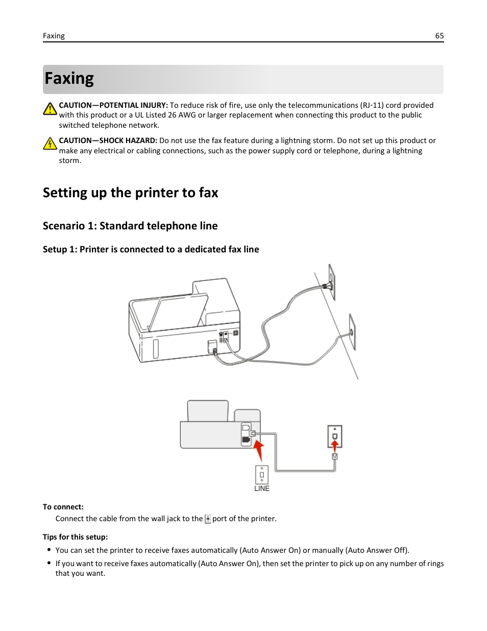 Faxing, Setting up the printer to fax, Scenario 1: standard telephone line | Dell V525w All In One Wireless Inkjet Printer User Manual | Page 65 / 177