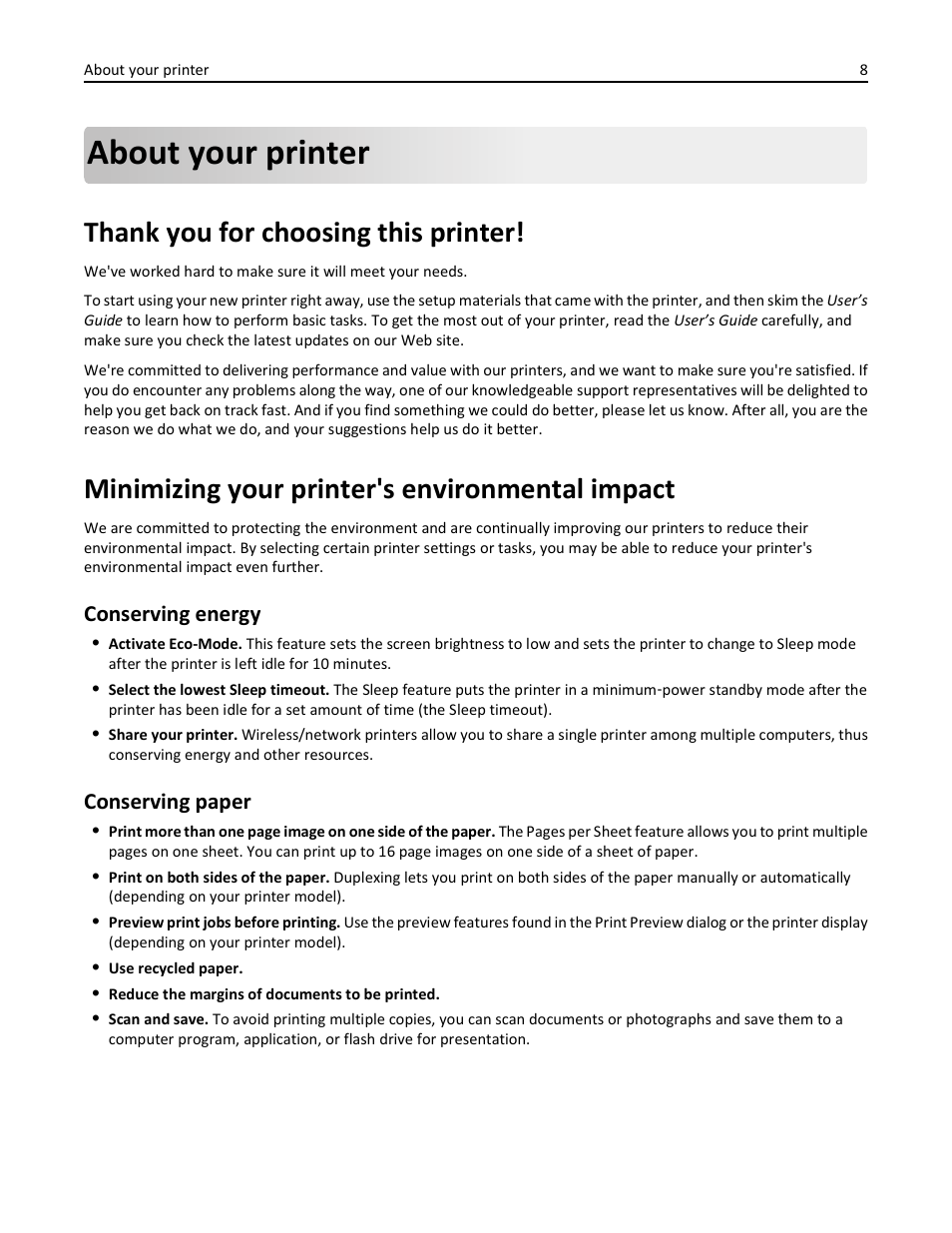 About your printer, Thank you for choosing this printer, Minimizing your printer's environmental impact | Conserving energy, Conserving paper | Dell V525w All In One Wireless Inkjet Printer User Manual | Page 8 / 177