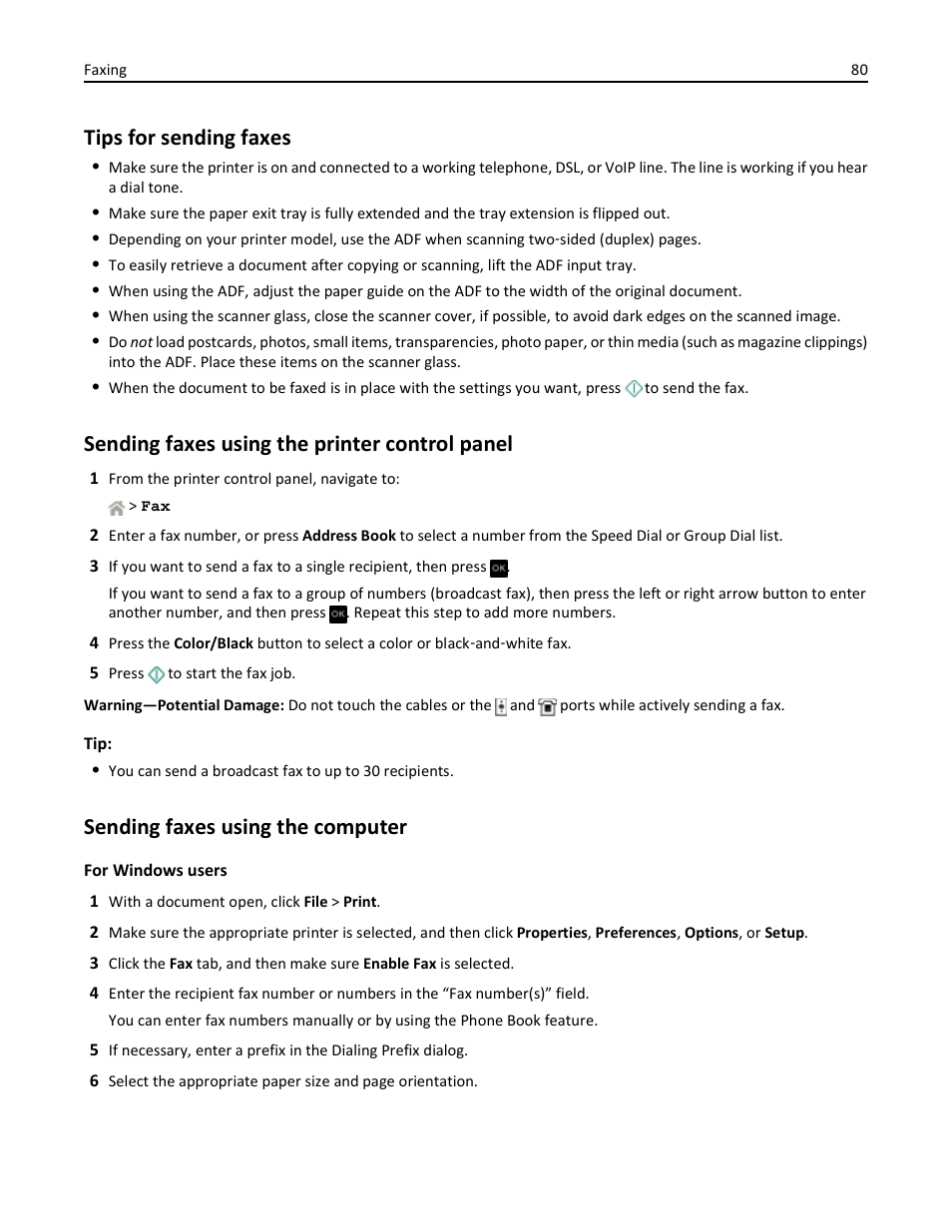 Tips for sending faxes, Sending faxes using the printer control panel, Sending faxes using the computer | Dell V525w All In One Wireless Inkjet Printer User Manual | Page 80 / 177