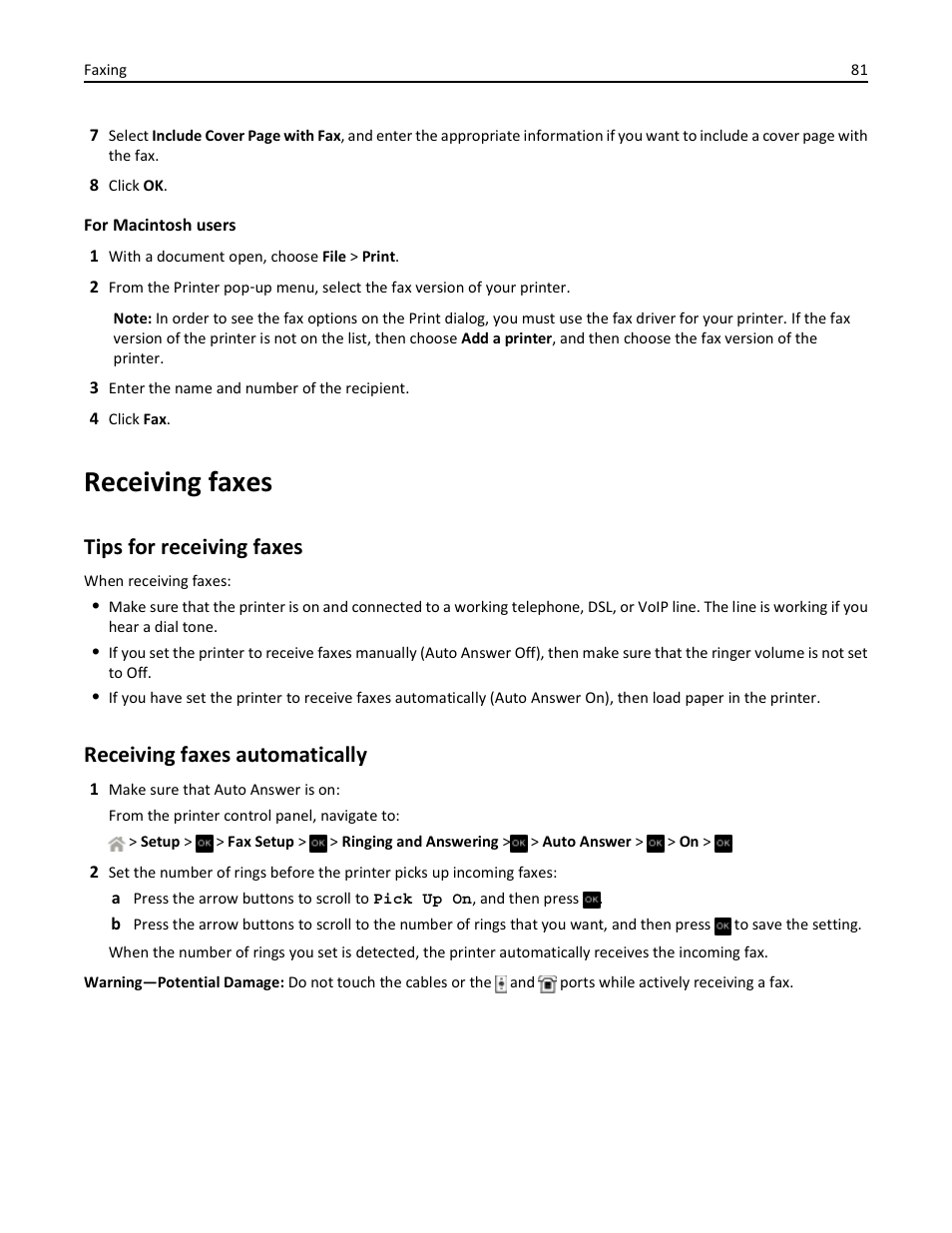 Receiving faxes, Tips for receiving faxes, Receiving faxes automatically | Dell V525w All In One Wireless Inkjet Printer User Manual | Page 81 / 177