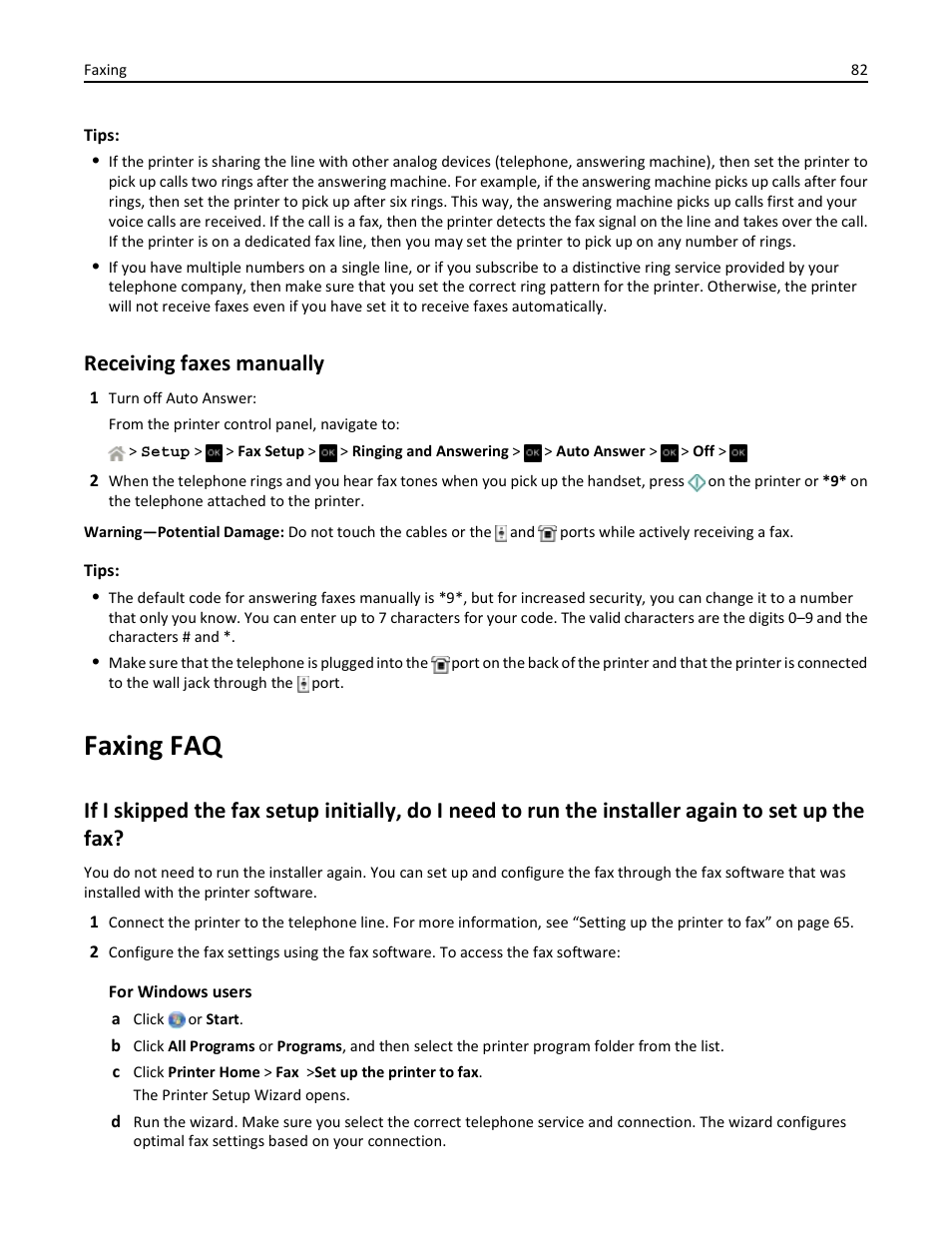 Receiving faxes manually, Faxing faq | Dell V525w All In One Wireless Inkjet Printer User Manual | Page 82 / 177