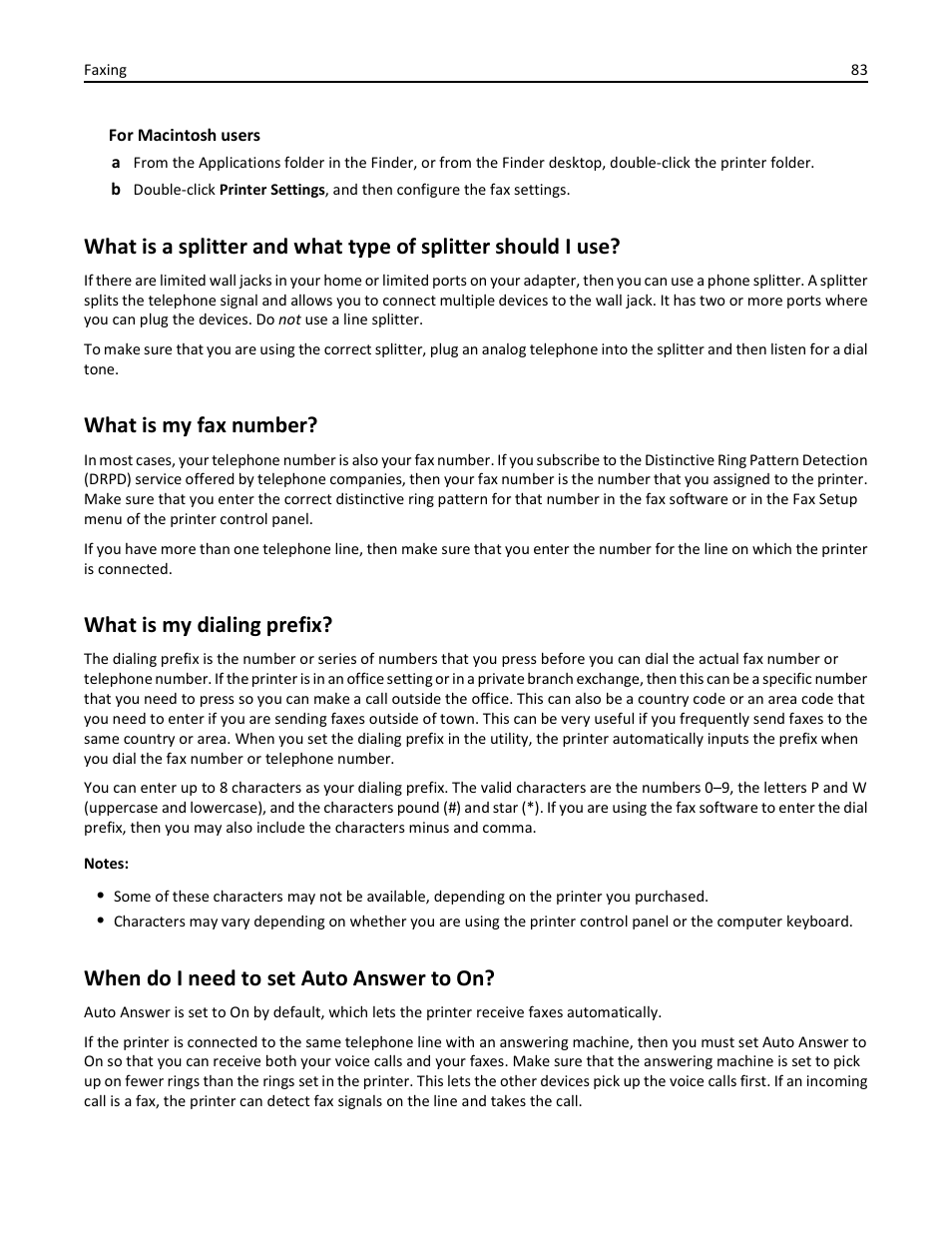 What is my fax number, What is my dialing prefix, When do i need to set auto answer to on | Dell V525w All In One Wireless Inkjet Printer User Manual | Page 83 / 177