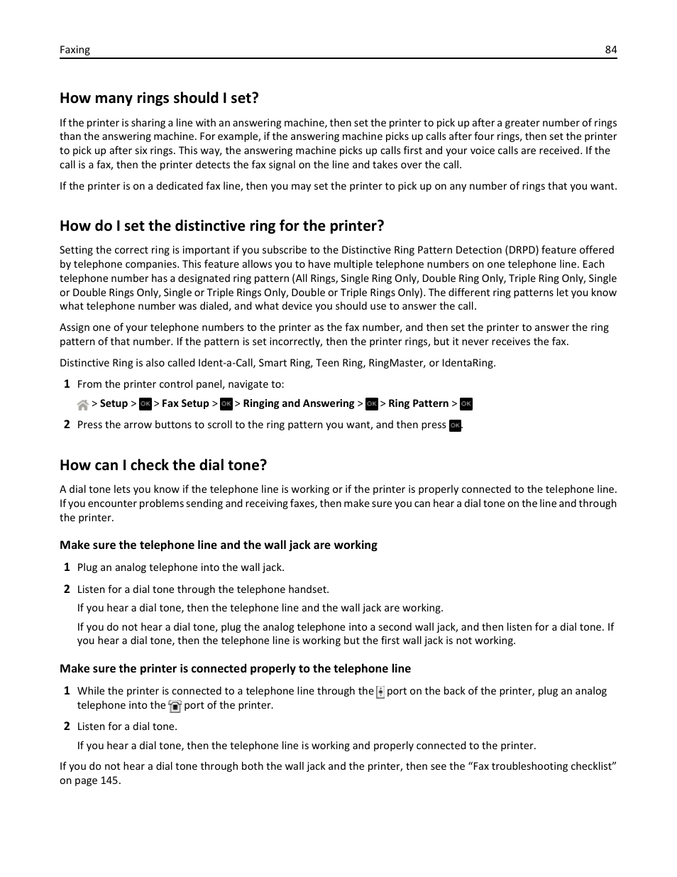 How many rings should i set, How do i set the distinctive ring for the printer, How can i check the dial tone | Dell V525w All In One Wireless Inkjet Printer User Manual | Page 84 / 177