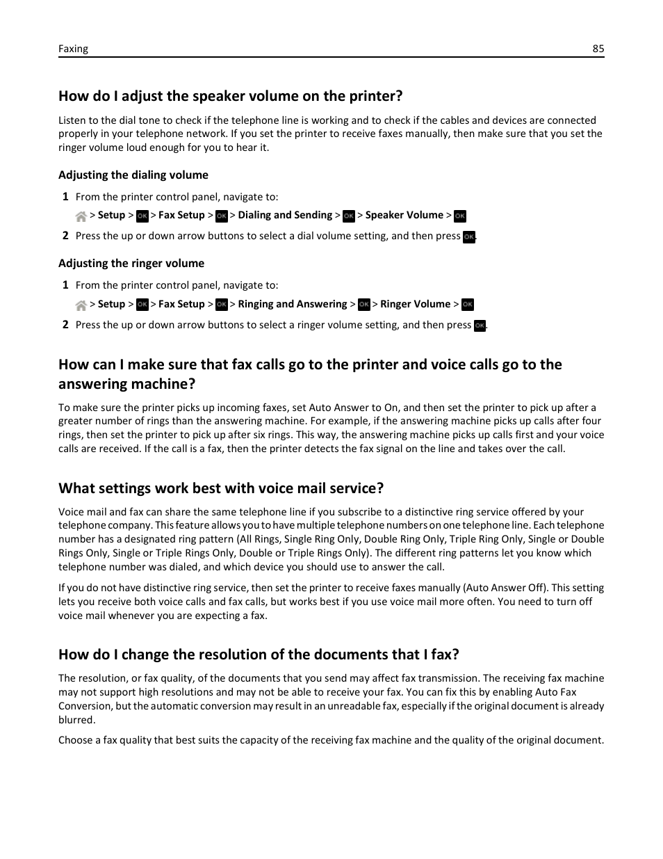 How do i adjust the speaker volume on the printer, What settings work best with voice mail service | Dell V525w All In One Wireless Inkjet Printer User Manual | Page 85 / 177