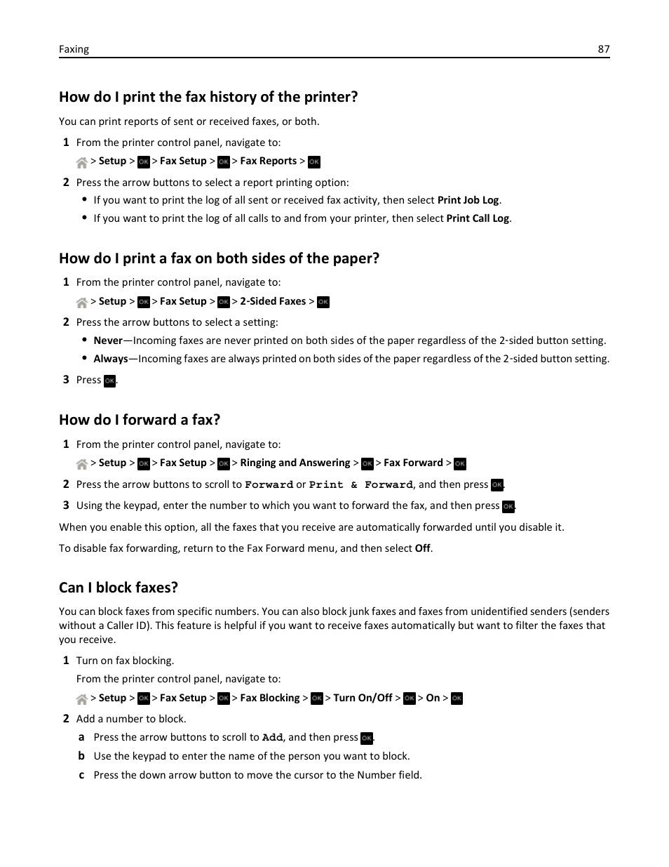 How do i print the fax history of the printer, How do i print a fax on both sides of the paper, How do i forward a fax | Can i block faxes | Dell V525w All In One Wireless Inkjet Printer User Manual | Page 87 / 177