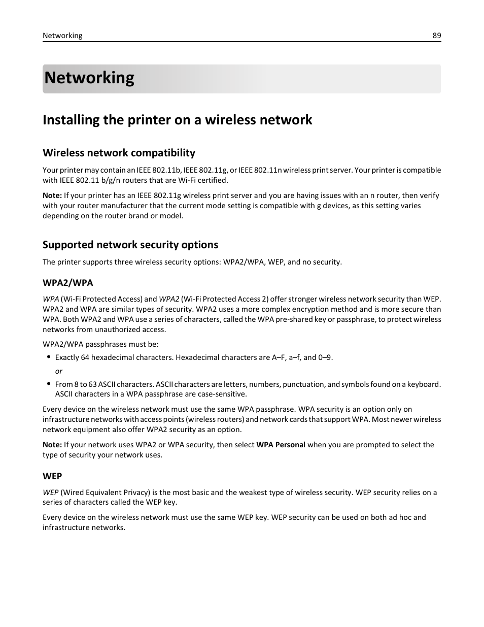 Networking, Installing the printer on a wireless network, Wireless network compatibility | Supported network security options | Dell V525w All In One Wireless Inkjet Printer User Manual | Page 89 / 177