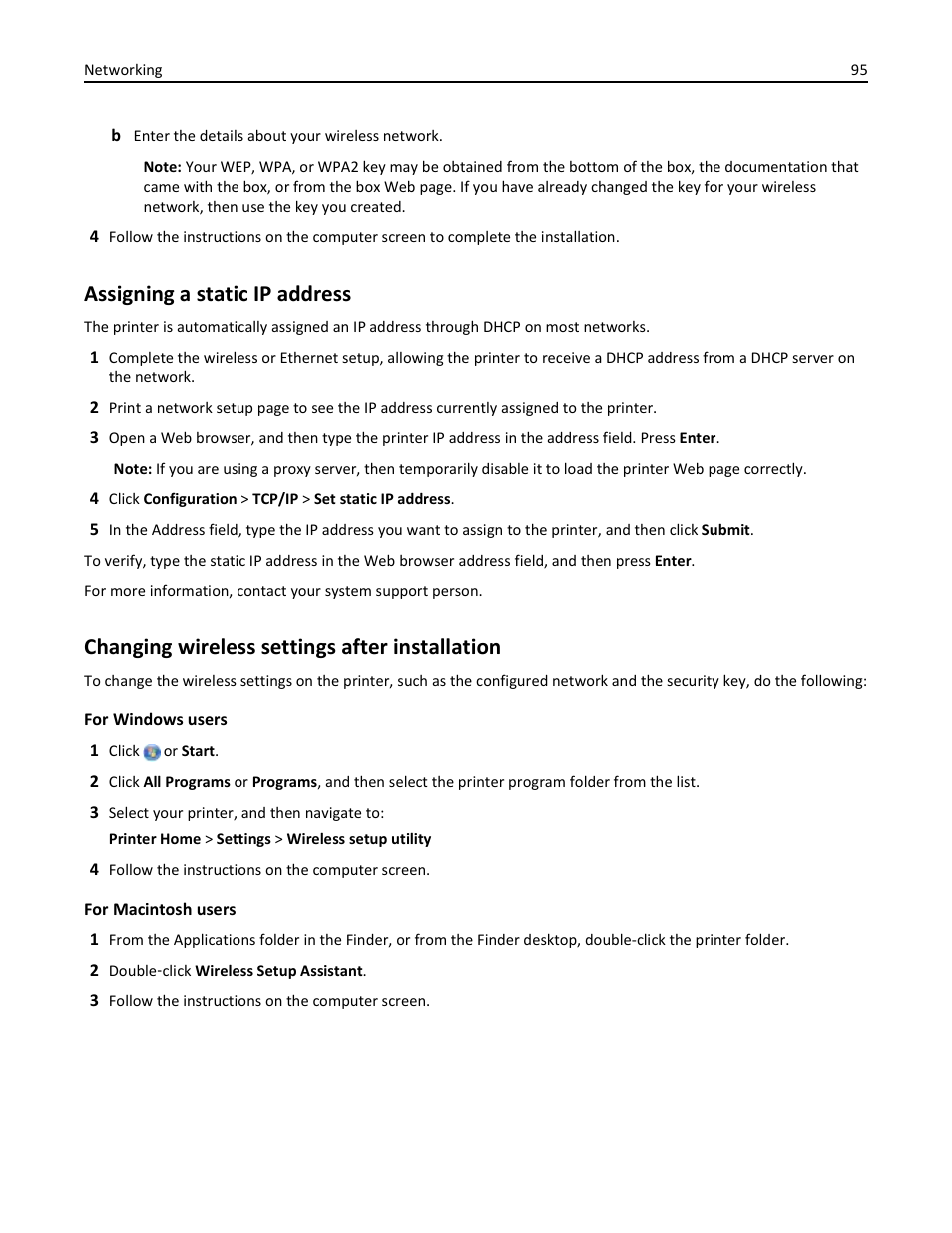 Assigning a static ip address, Changing wireless settings after installation | Dell V525w All In One Wireless Inkjet Printer User Manual | Page 95 / 177