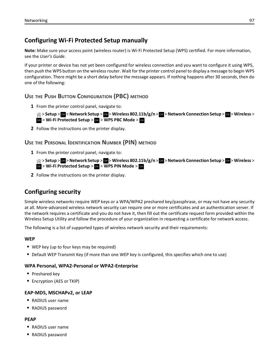 Configuring wi-fi protected setup manually, Use the push button configuration (pbc) method, Configuring security | Configuring wi ‑ fi protected setup manually, Pbc), Pin) | Dell V525w All In One Wireless Inkjet Printer User Manual | Page 97 / 177