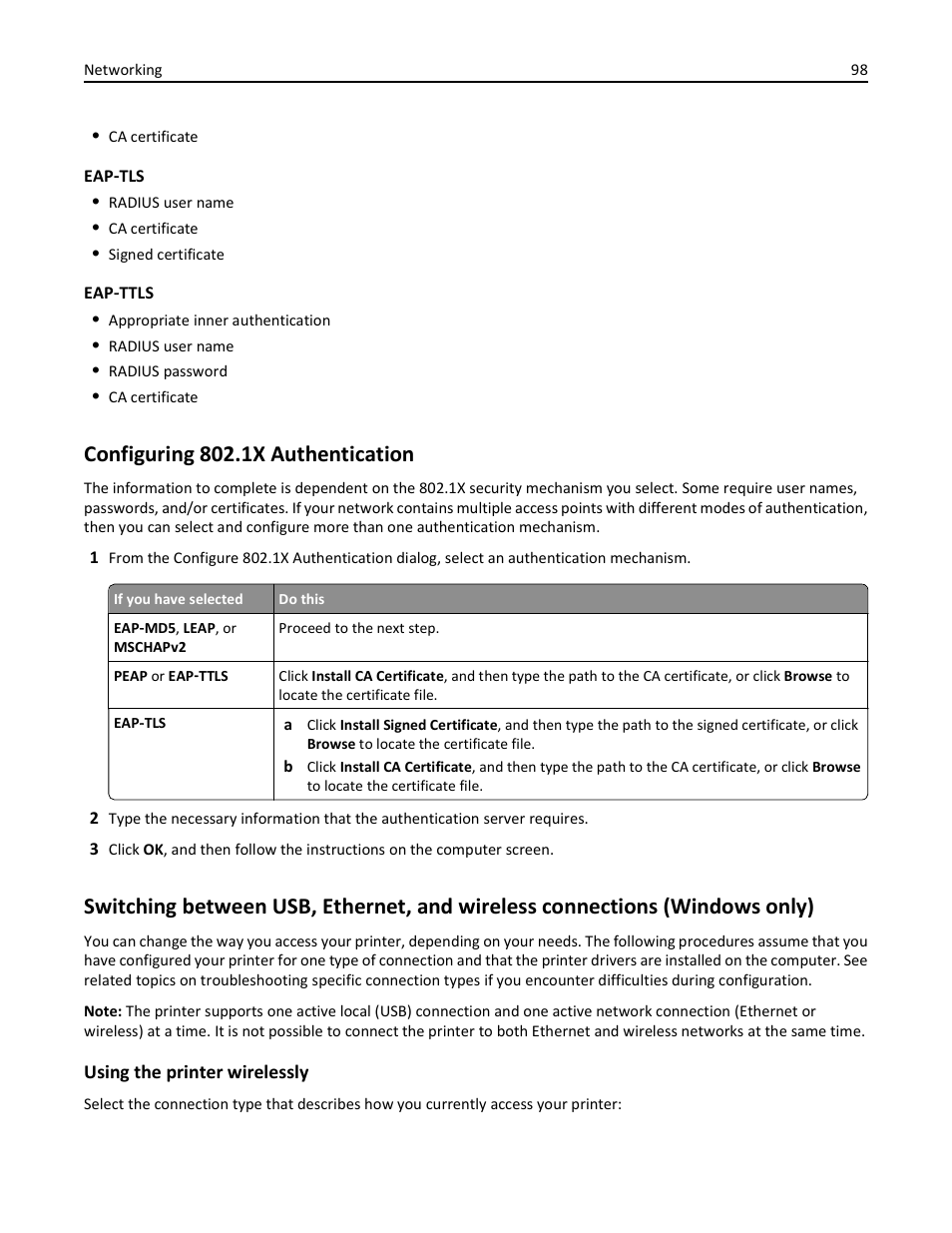 Configuring 802.1x authentication | Dell V525w All In One Wireless Inkjet Printer User Manual | Page 98 / 177