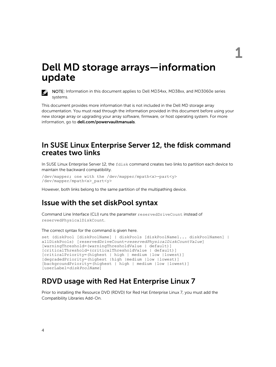 Dell md storage arrays—information update, Issue with the set diskpool syntax, Rdvd usage with red hat enterprise linux 7 | 1 dell md storage arrays—information update | Dell PowerVault MD3860f User Manual | Page 4 / 6