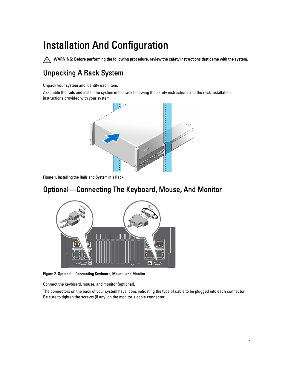 Installation and configuration, Unpacking a rack system | Dell PowerEdge R920 User Manual | Page 3 / 9