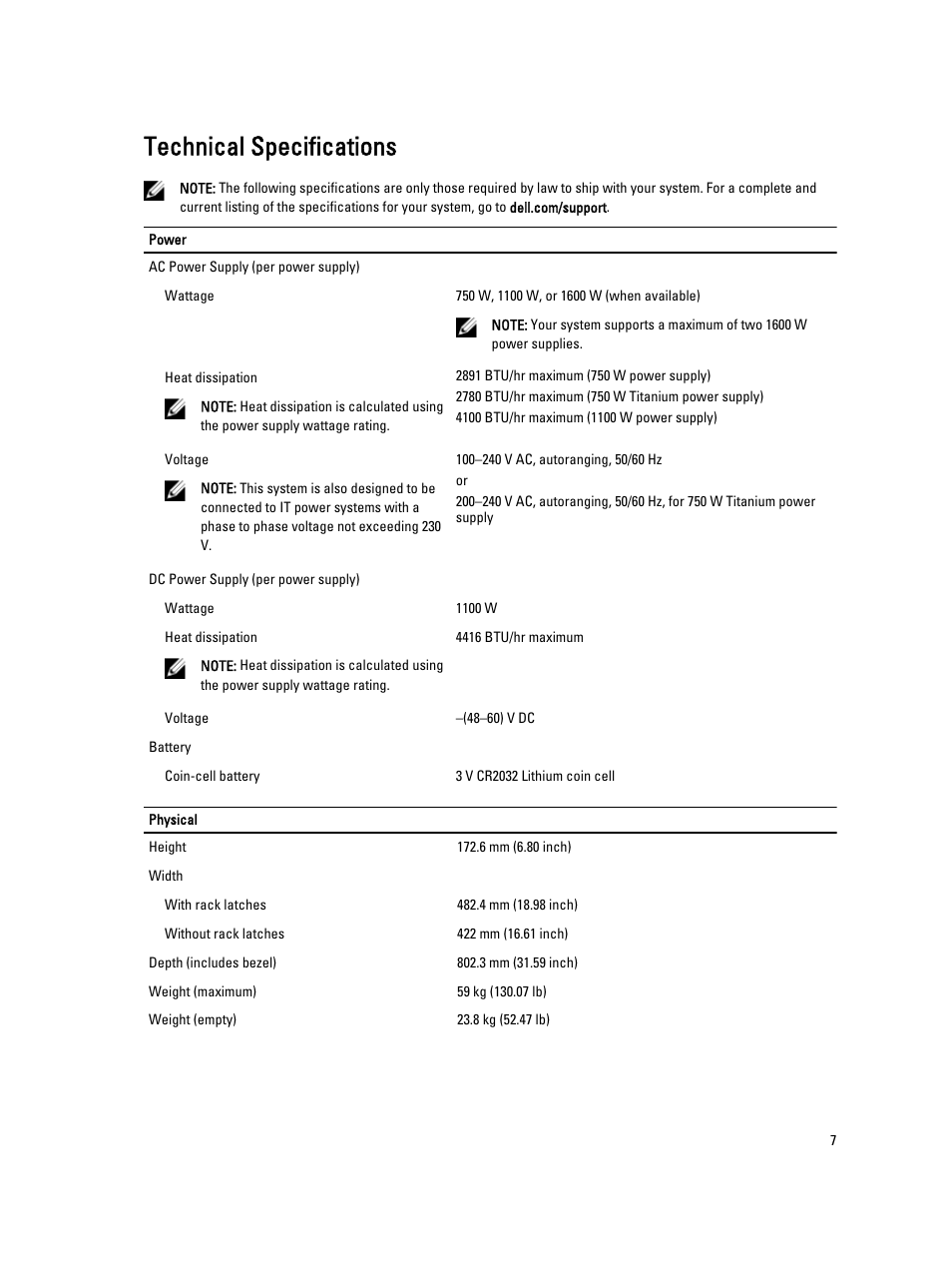 Technical specifications | Dell PowerEdge R920 User Manual | Page 7 / 9